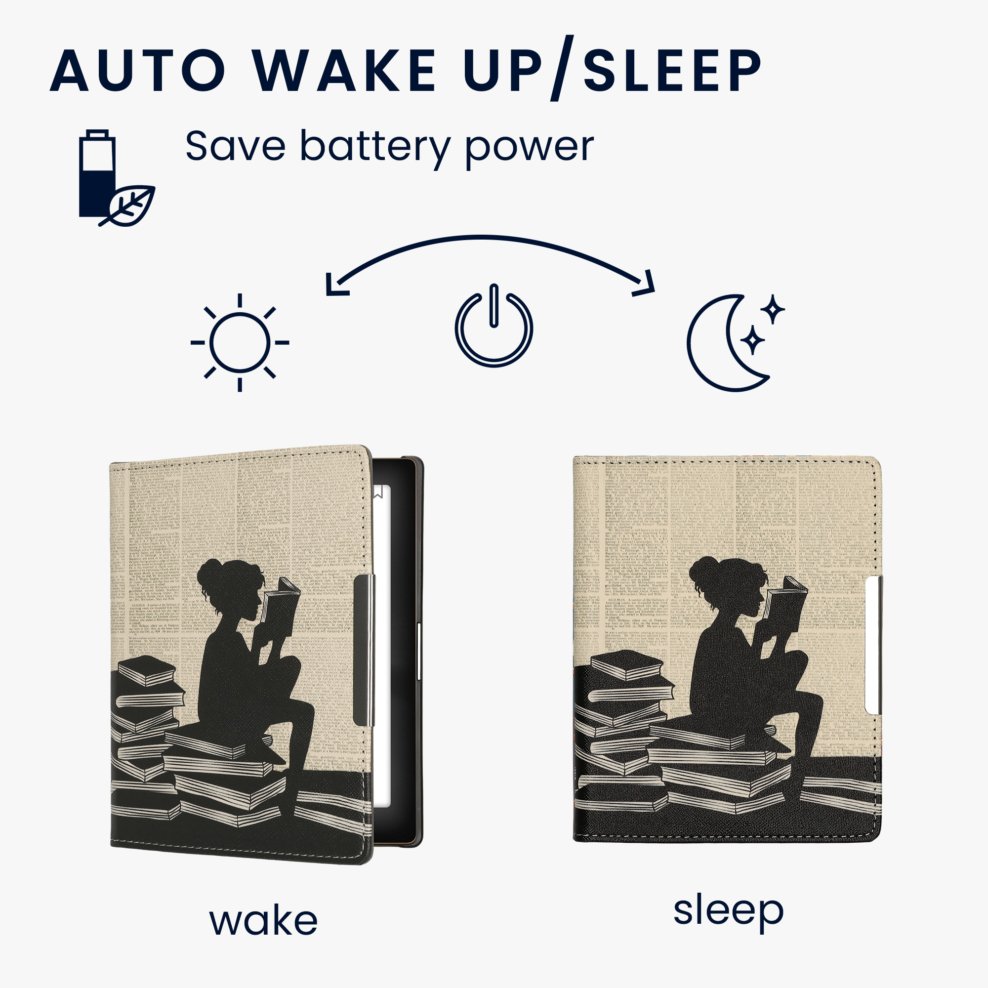 Obal pro Kobo Aura Edition 1 kwmobile s poutkem - motiv dívka s knihami s černá / béžová