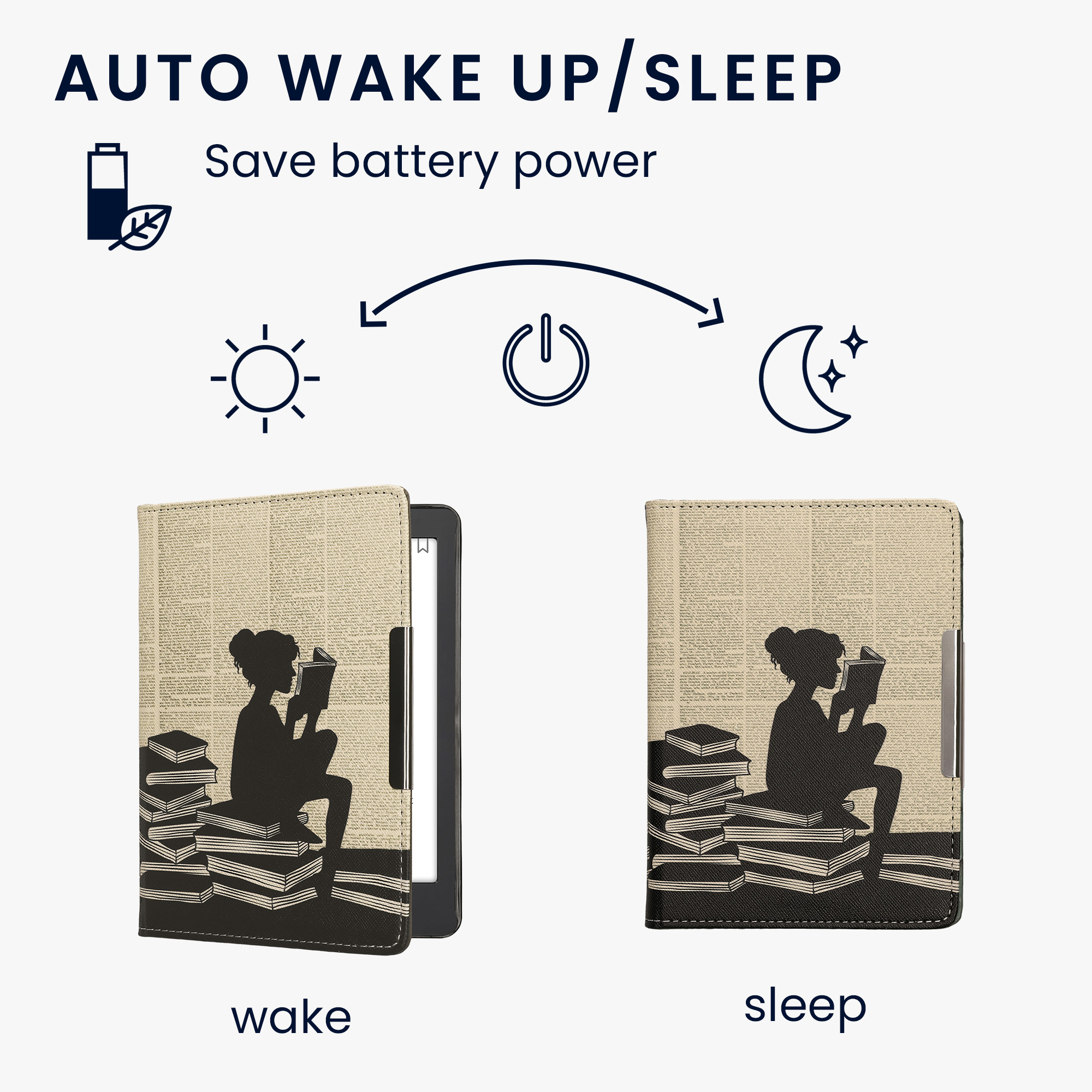 Obal pro Kobo Aura Edition 2 kwmobile s poutkem - motiv dívka s knihami s černá / béžová
