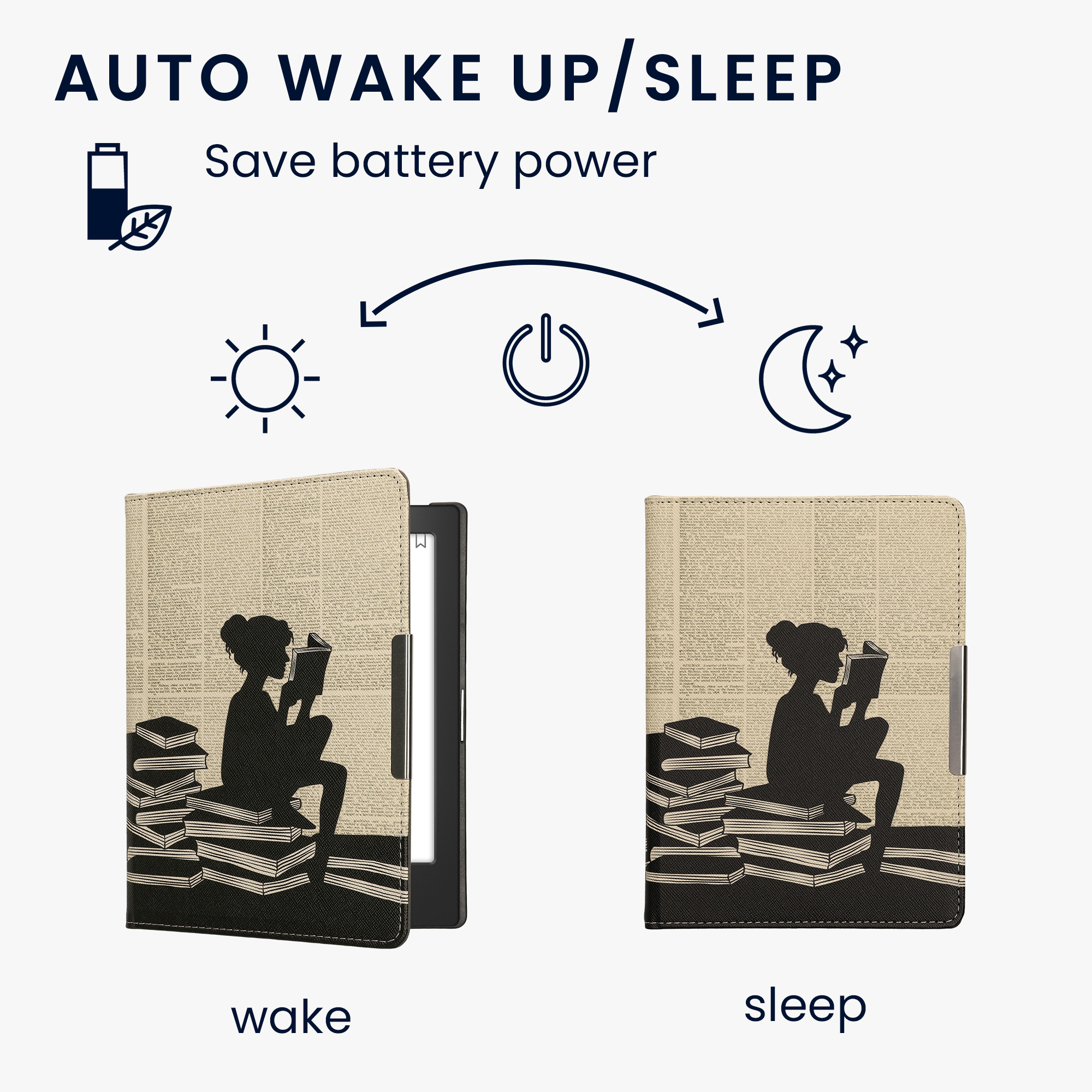 Obal pro Kobo Aura H2O Edition 1 kwmobile s poutkem - motiv dívka s knihami s černá / béžová