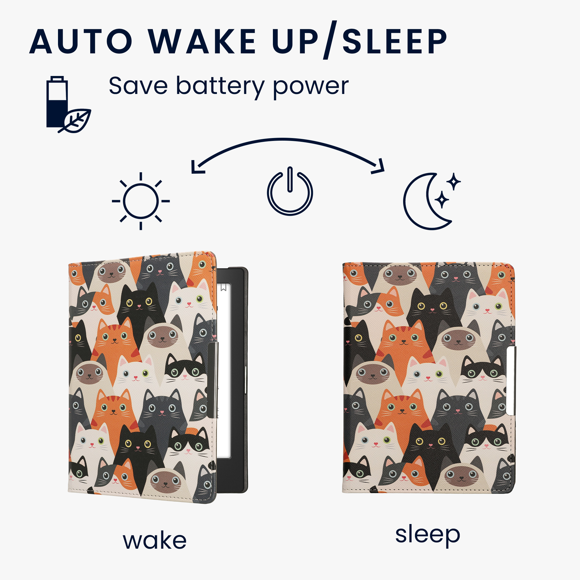 Obal pro Kobo Aura H2O Edition 1 kwmobile s poutkem - motiv kočky, oranžová / černá / bílá