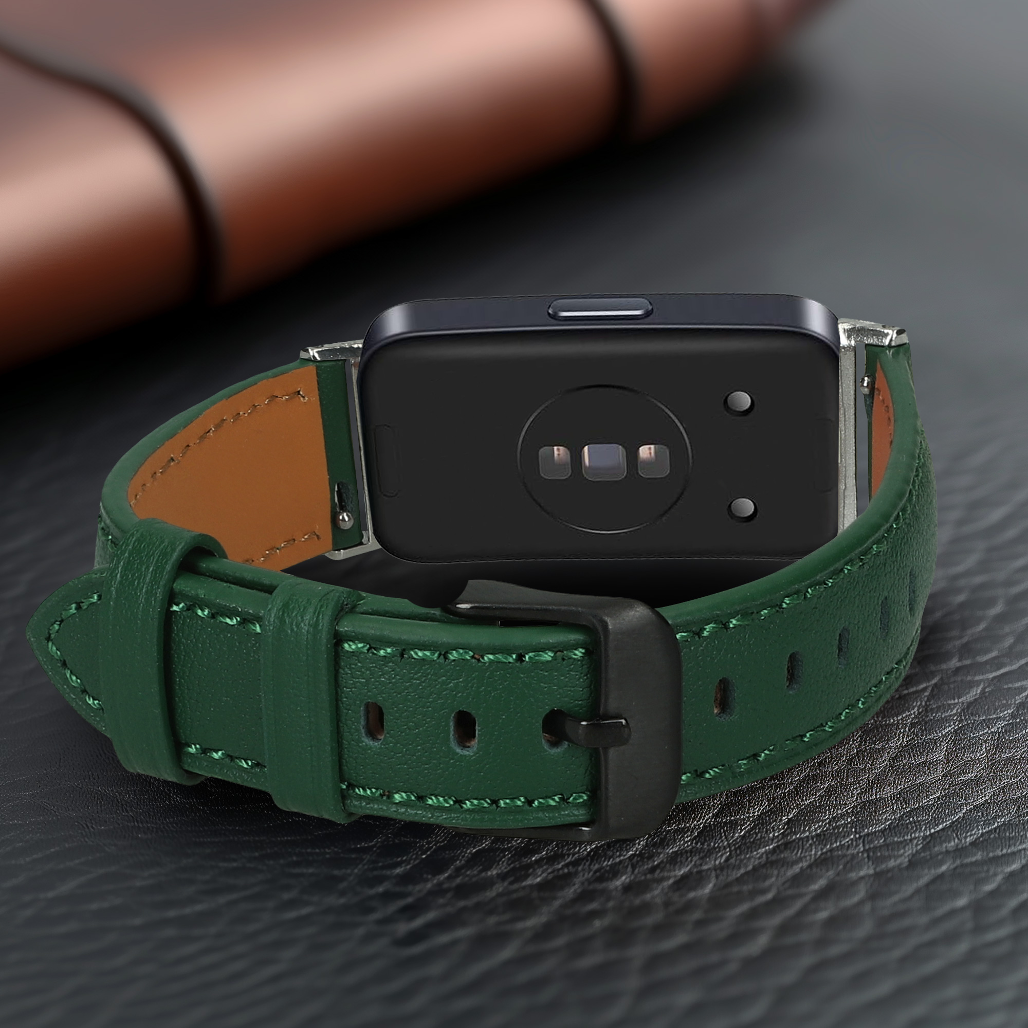 Kožený řemínek na chytré hodinky Huawei Band 10 / 9 / 8 tmavě zelené