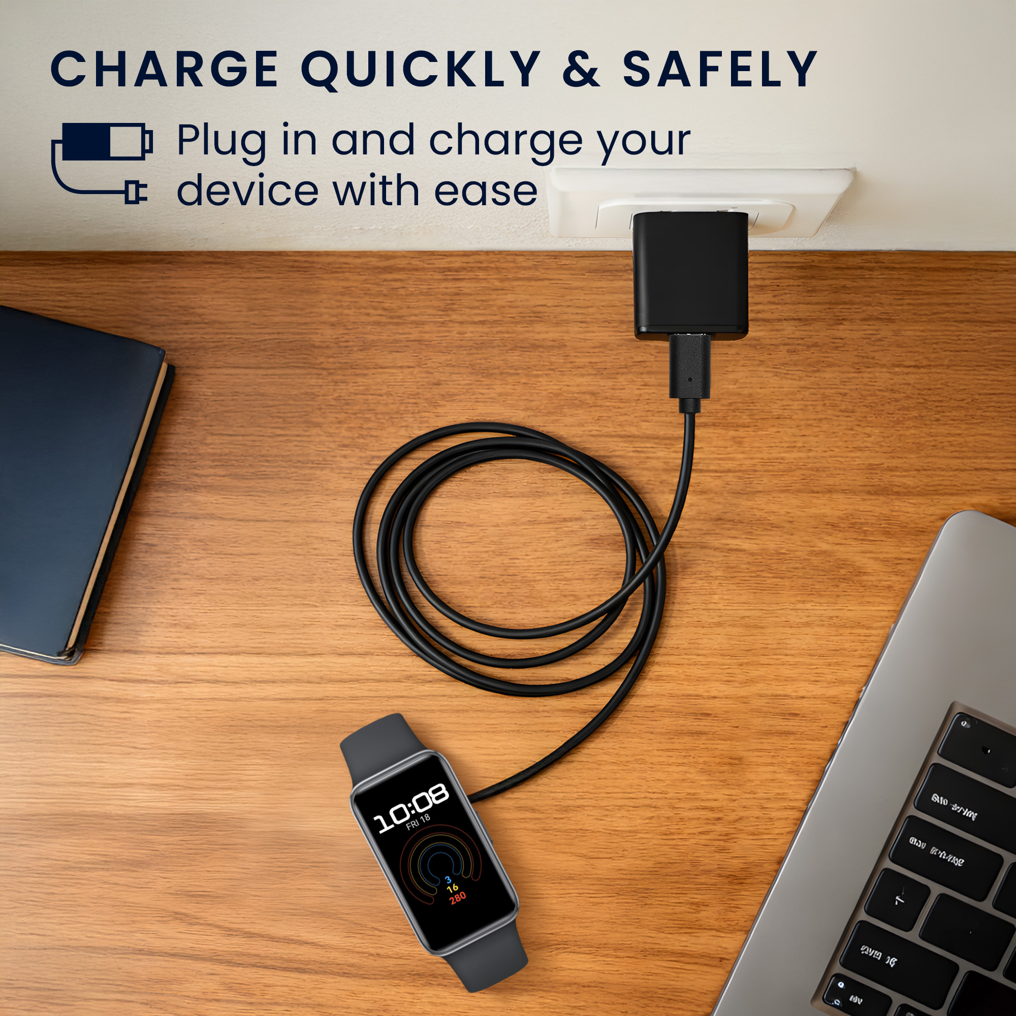 USB-C nabíjecí kabel pro Huawei Band 10 / Band 9 / 8 / 7 / 6 / Watch Fit 2 / Watch Fit 3 / Honor Band 10 / 9 / 8 / 7 / 6 kwmobile - černá