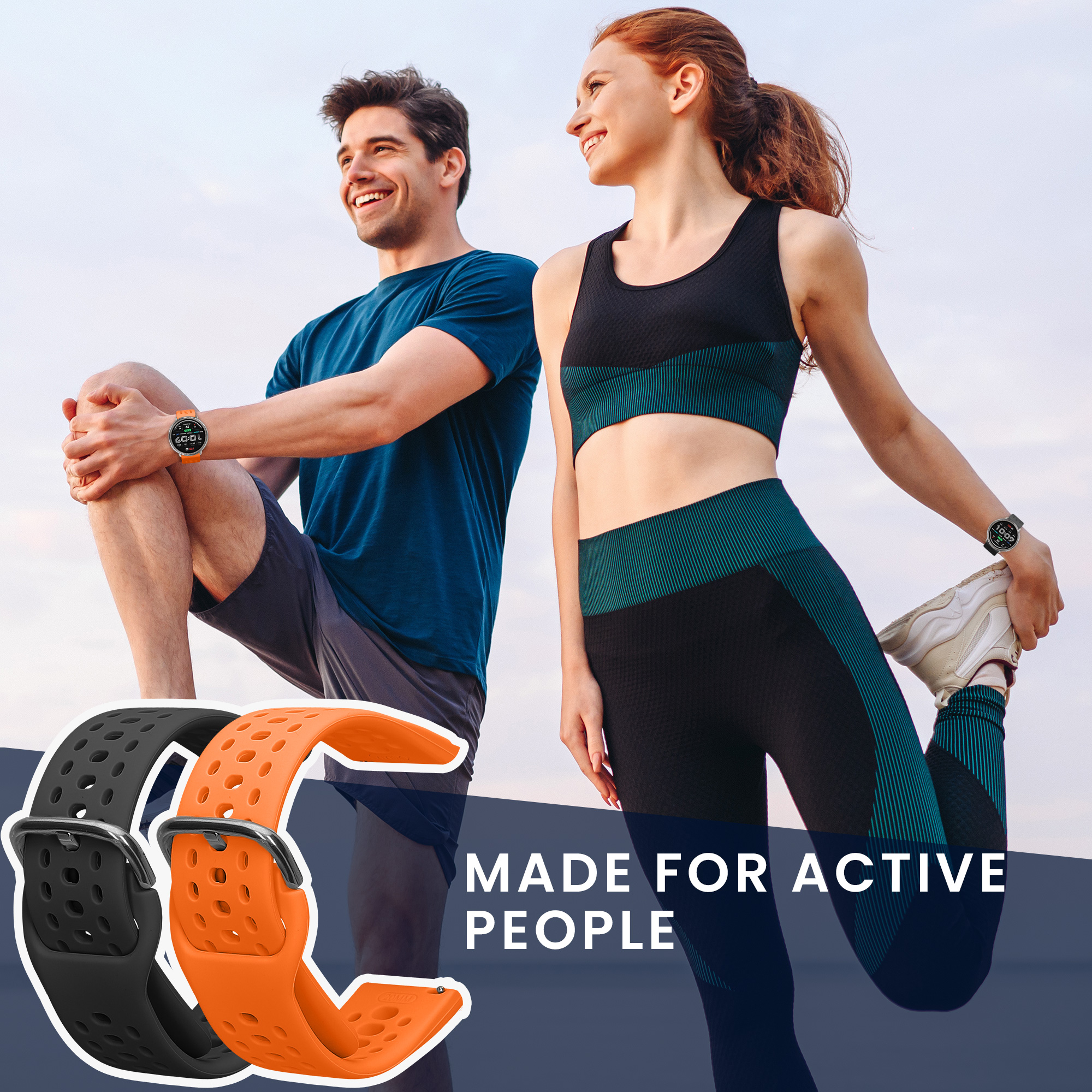 Řemínky pro 20mm Amazfit Active 2 / 2 Square / Active Edge / Bip 3 / GTS 3 4 kwmobile silikonové - černá / oranžová