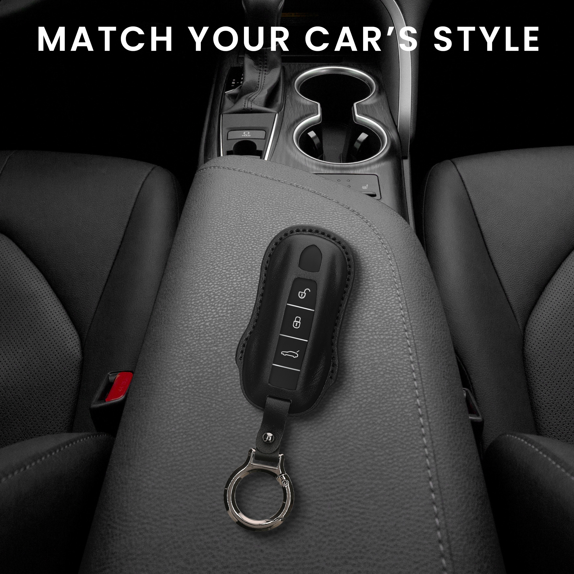 Obal na klíč od auta pro Porsche klíč se 3 tlačítky (only Keyless) kwmobile s kroužkem z pravé kůže - černá