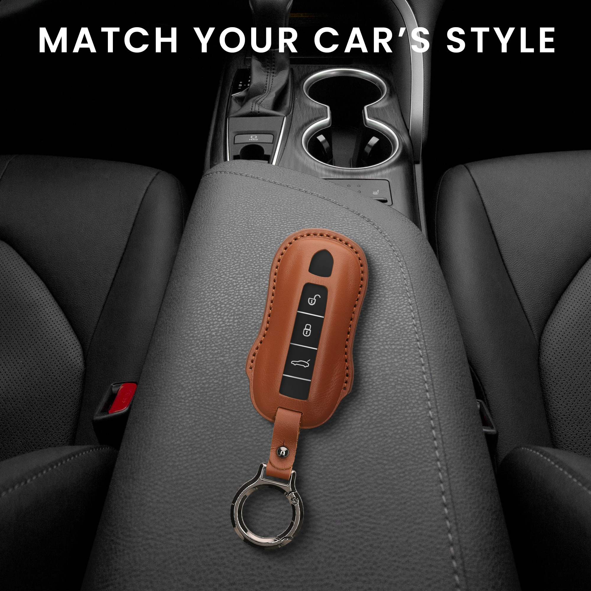 Obal na klíč od auta pro Porsche klíč se 3 tlačítky (only Keyless) kwmobile s kroužkem z pravé kůže - světle hnědá