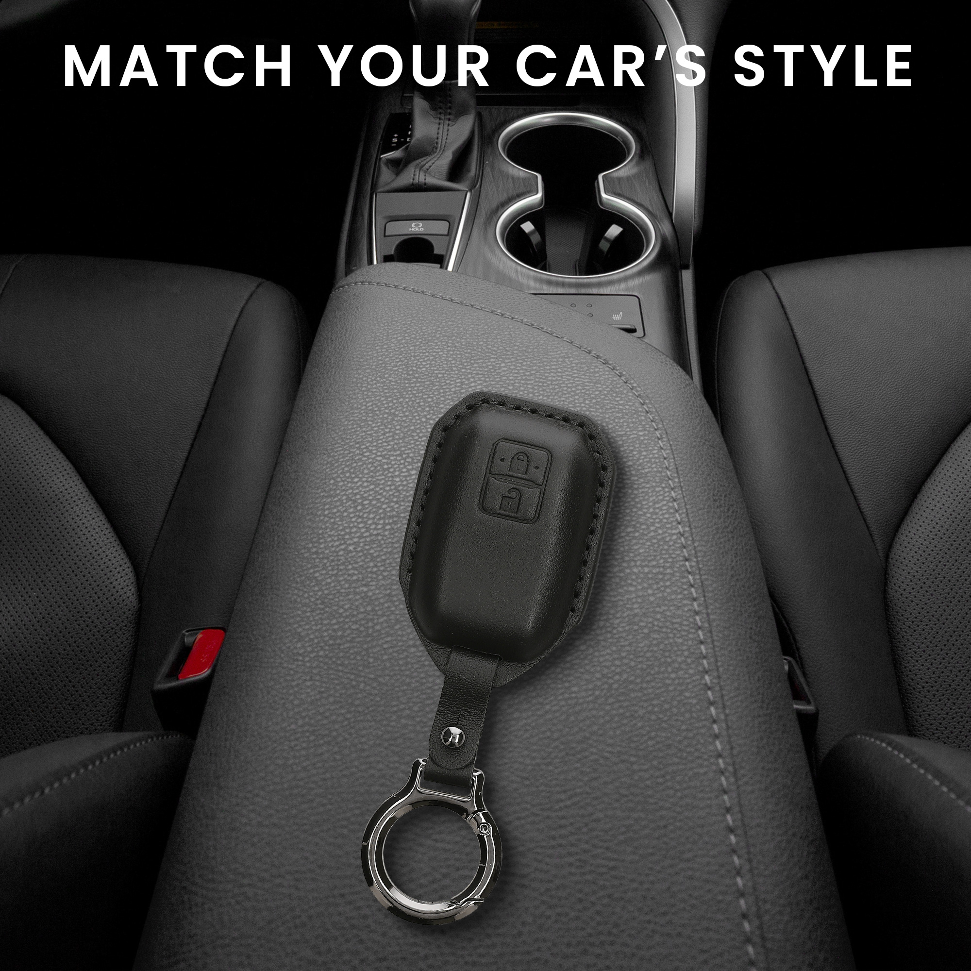 Obal na klíč od auta pro Suzuki klíč se 2 tlačítky a funkcí Keyless Go kwmobile s kroužkem z pravé kůže - černá