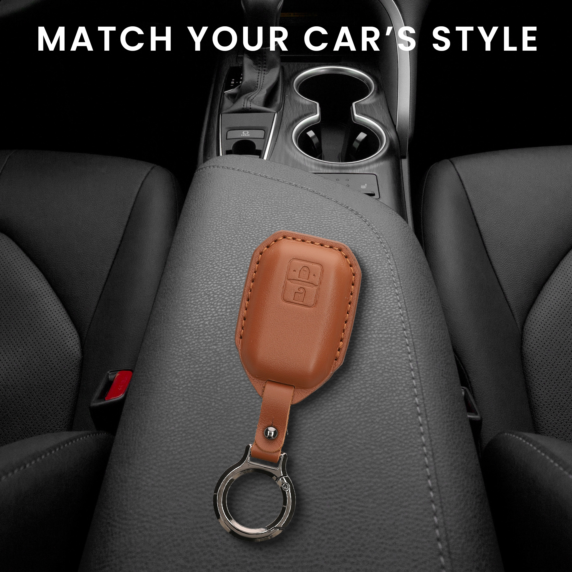 Obal na klíč od auta pro Suzuki klíč se 2 tlačítky a funkcí Keyless Go kwmobile s kroužkem z pravé kůže - světle hnědá