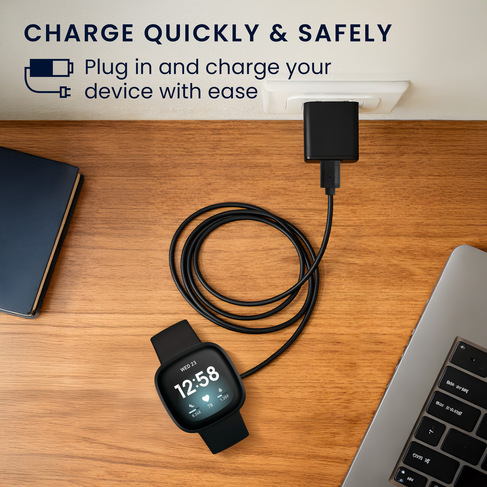 USB-C nabíjecí kabel pro chytré hodinky pro Fitbit Versa 4 / Sense 2 / Versa 3 / Sense kwmobile - černá