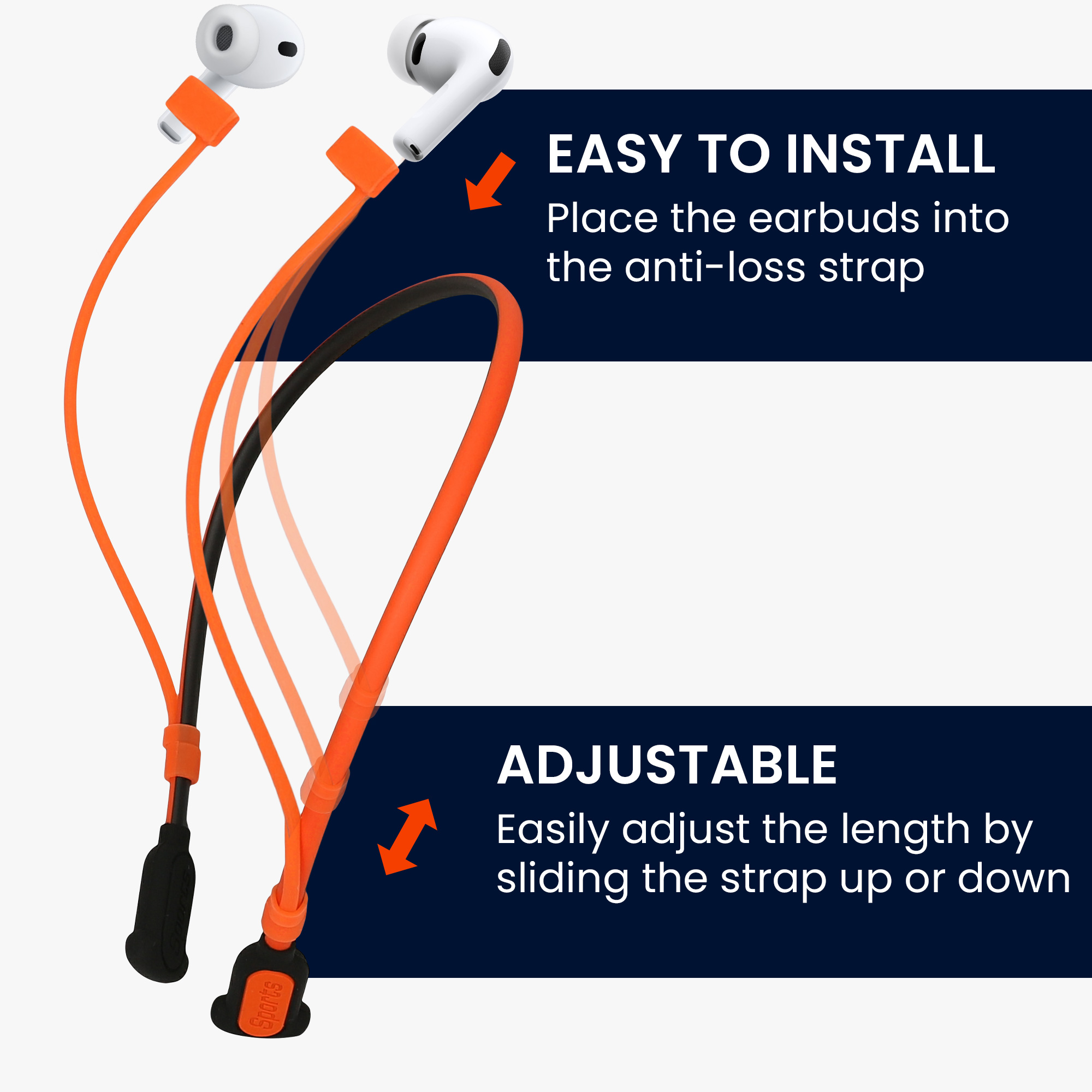 Silikonové poutko na krk pro Apple Airpods 3 / 4 / Pro 1 / Pro 2 / Airpods Pro 3 kwmobile s popruhem na krk - černá / oranžová