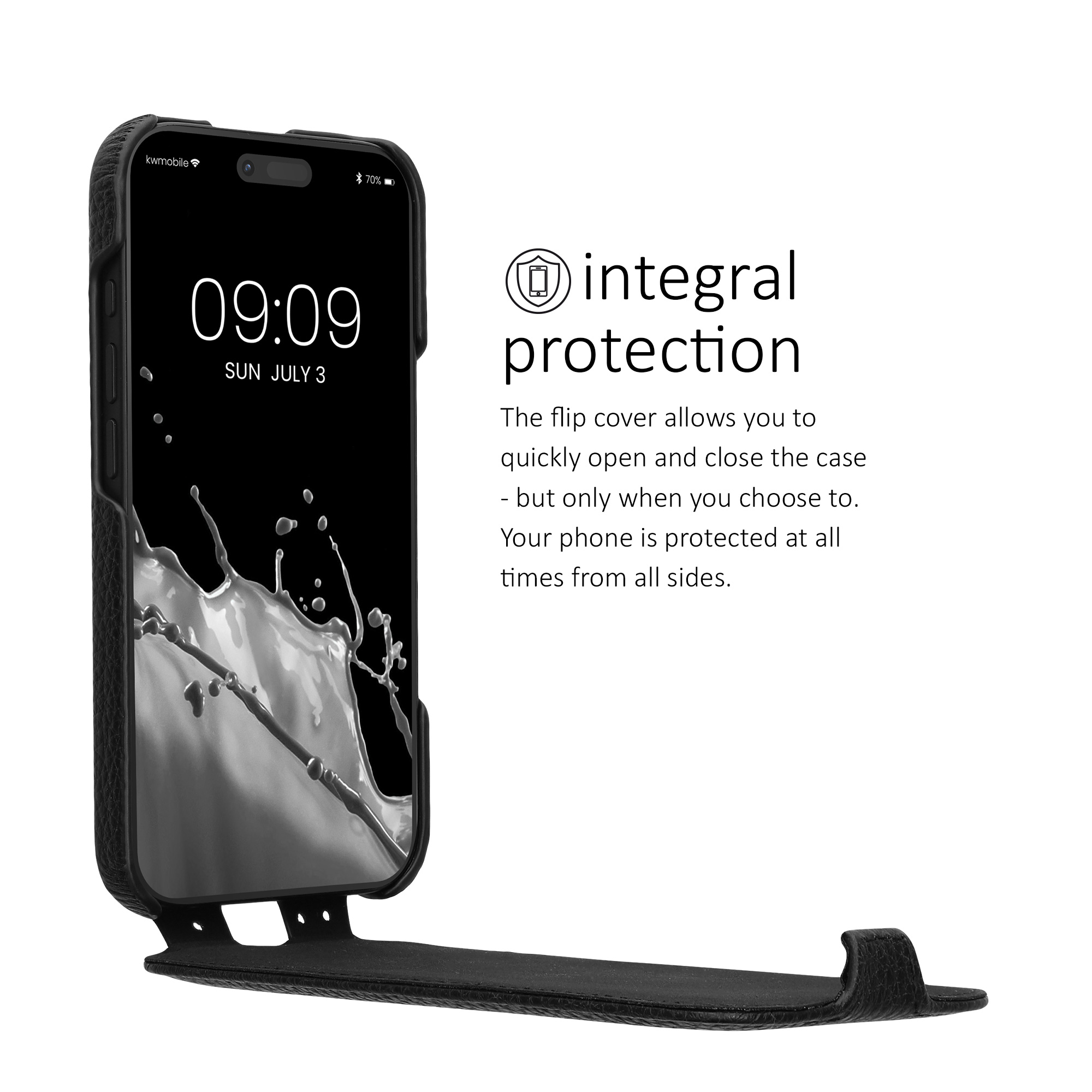 Ultra tenké kožené flipové pouzdro pro Apple iPhone 17 s otevíráním dolů kalibri ‑ černá
