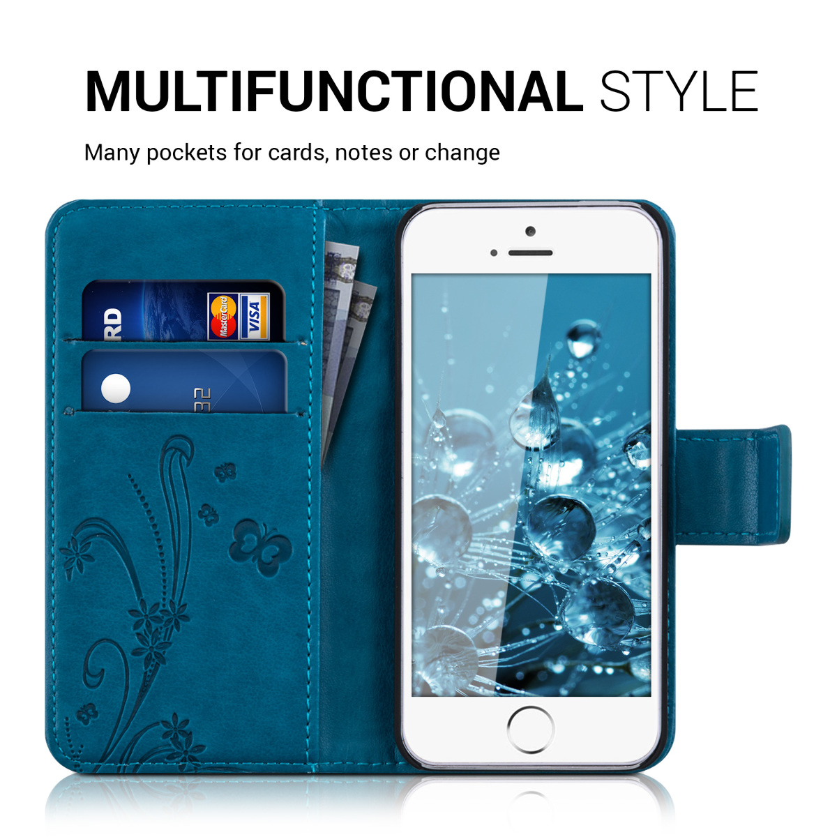 Flipové pouzdro kwmobile pro iPhone SE (1. generace 2016) / iPhone 5 / iPhone 5S - motýlí úponky tmavě modré