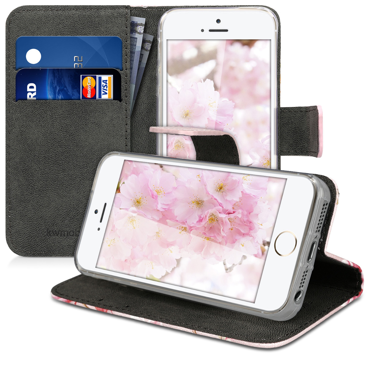 Flipové pouzdro kwmobile pro iPhone SE (1. generace 2016) / iPhone 5 / iPhone 5S - magnólie růžová / bílá / pudrově růžová