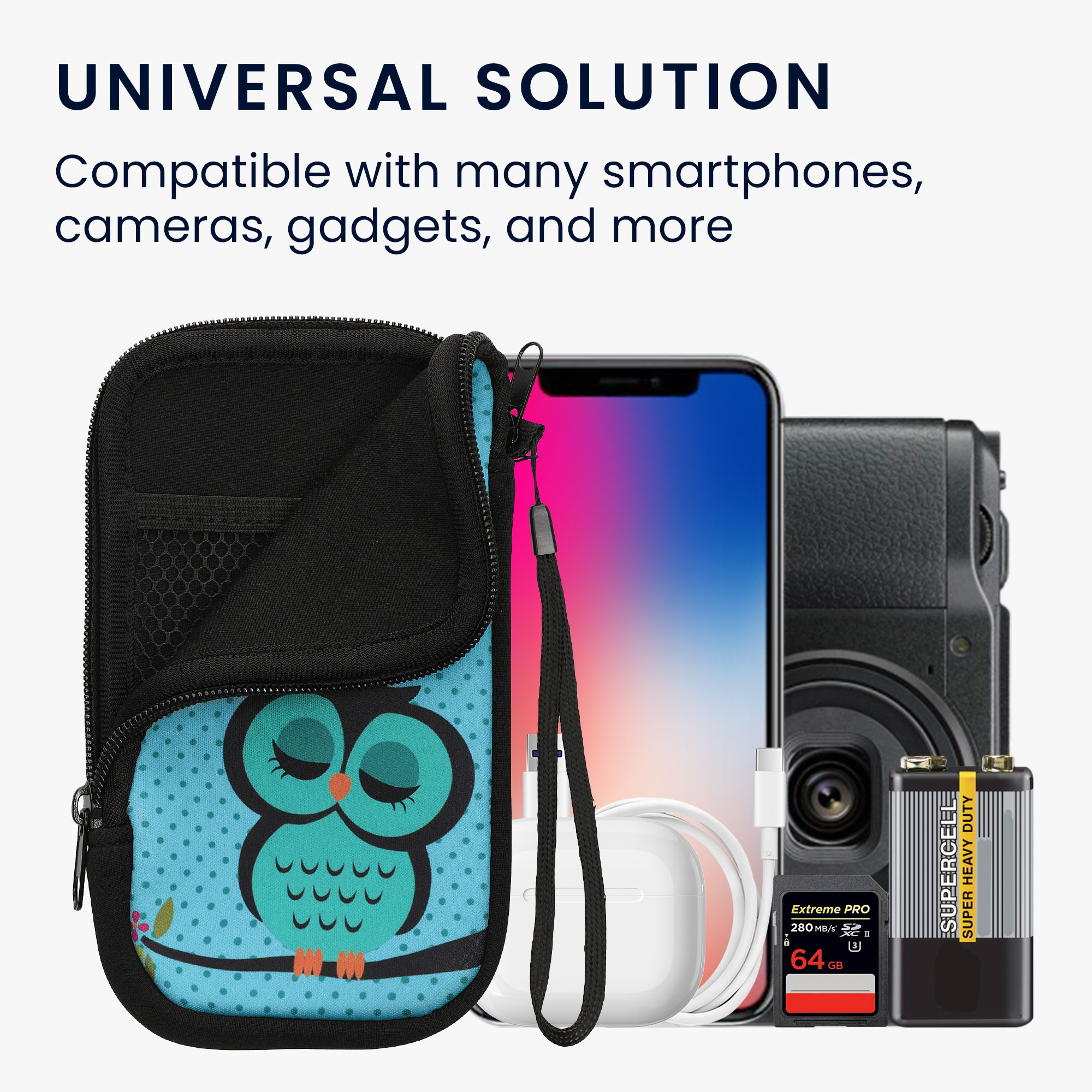 kwmobile univerzální pouzdro na mobil L 6.5", neopren, Sleeping Owl tyrkysová / hnědá / mint