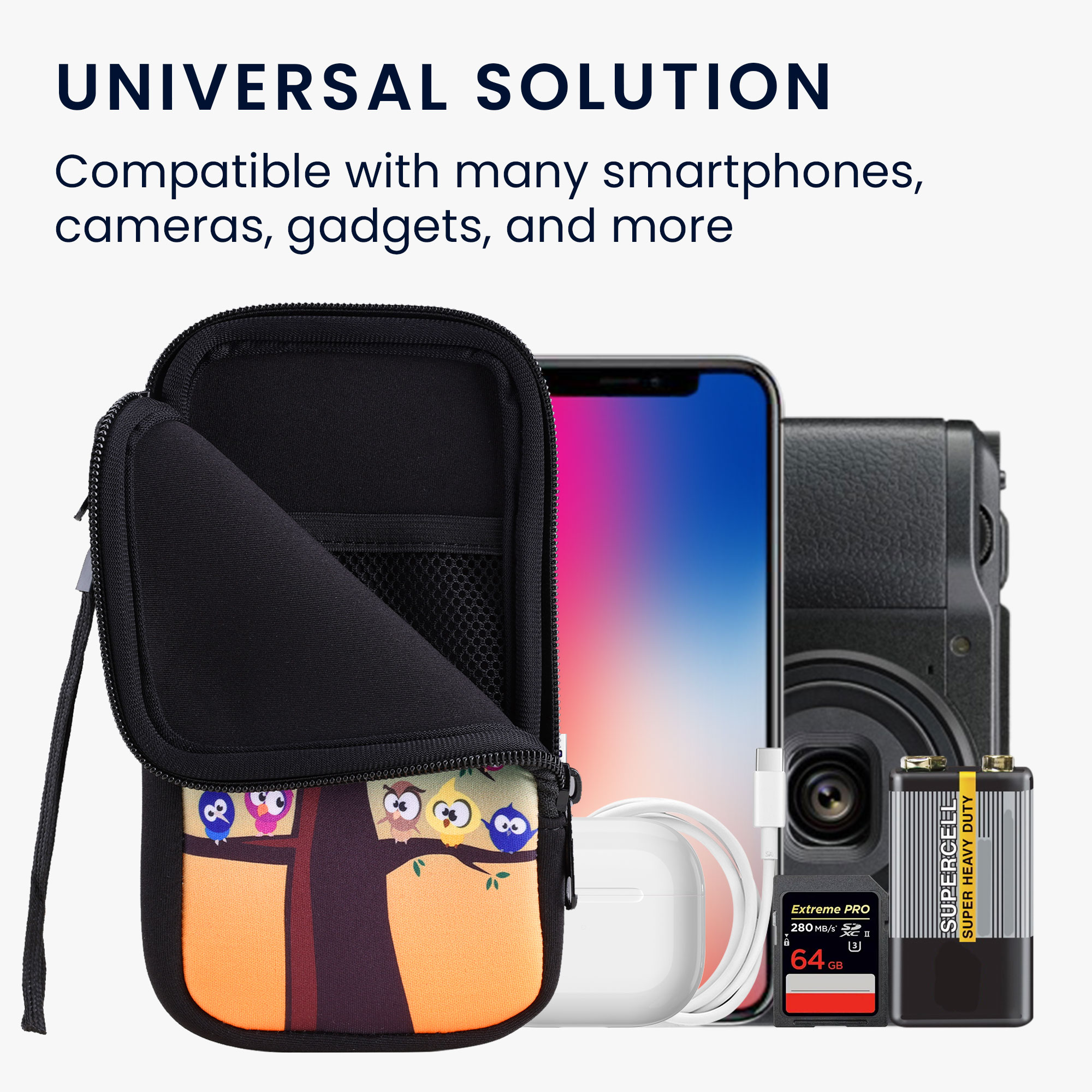 Univerzální pouzdro kwmobile na mobil XL 6,7/6,8" (17,2 x 8,4 cm) - motiv sovy na stromě, vícebarevná / modrá / hnědá