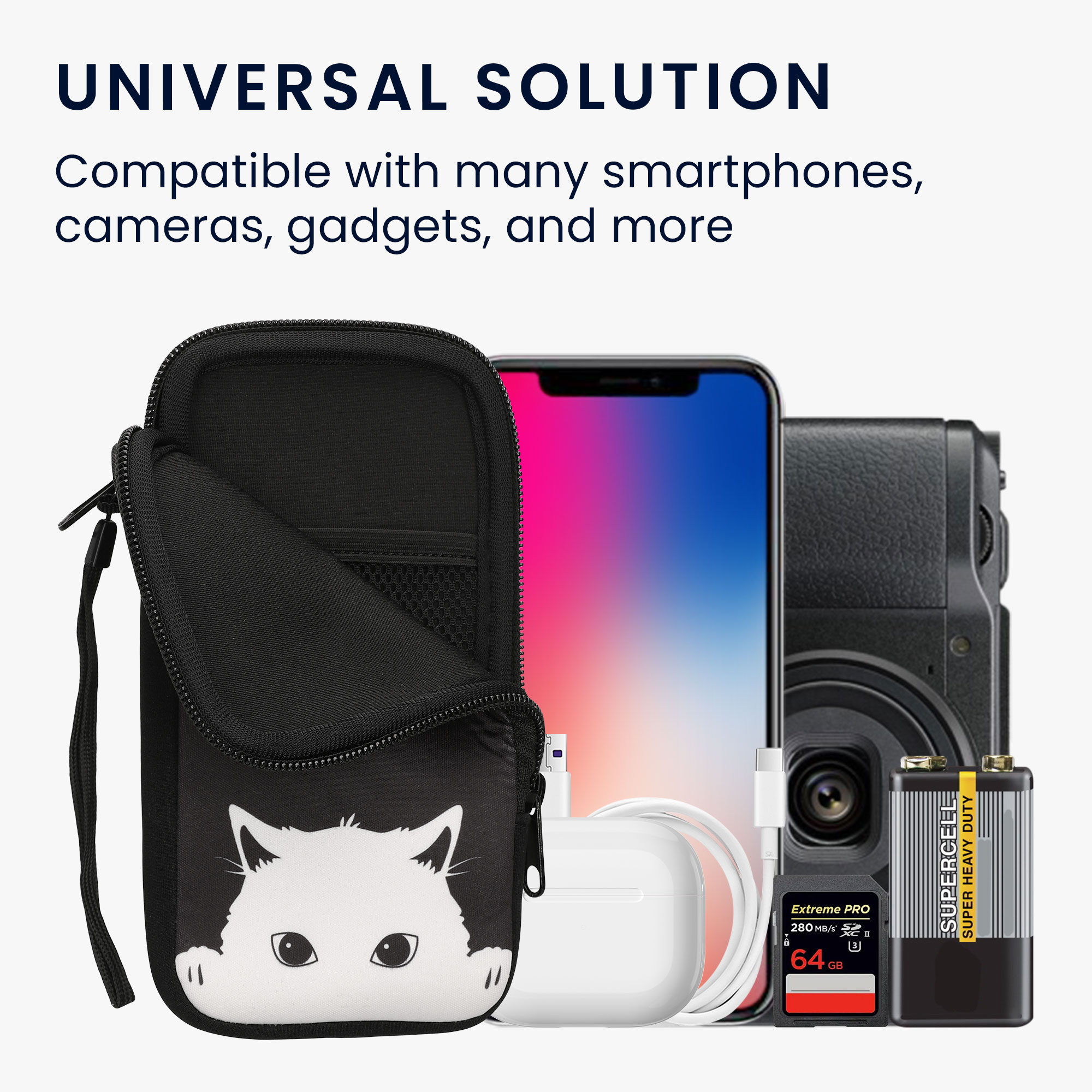 Univerzální pouzdro kwmobile na mobil XXL - 7" - motiv Curious Cat - černá / bílá