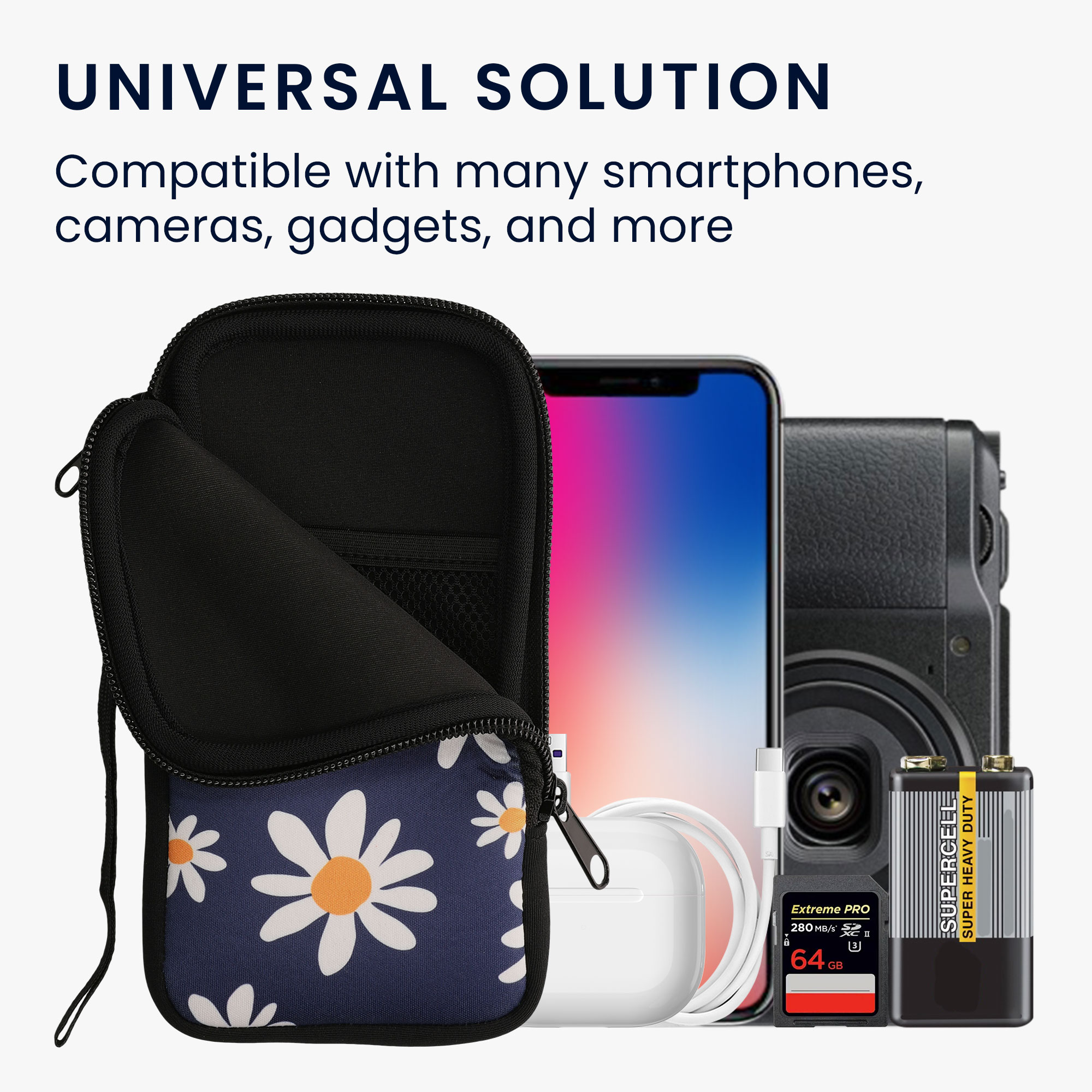 Univerzální pouzdro kwmobile na mobil XL 6,7/6,8" (17,2 x 8,4 cm) - motiv letní sedmikrásky, modrá / bílá / žlutá
