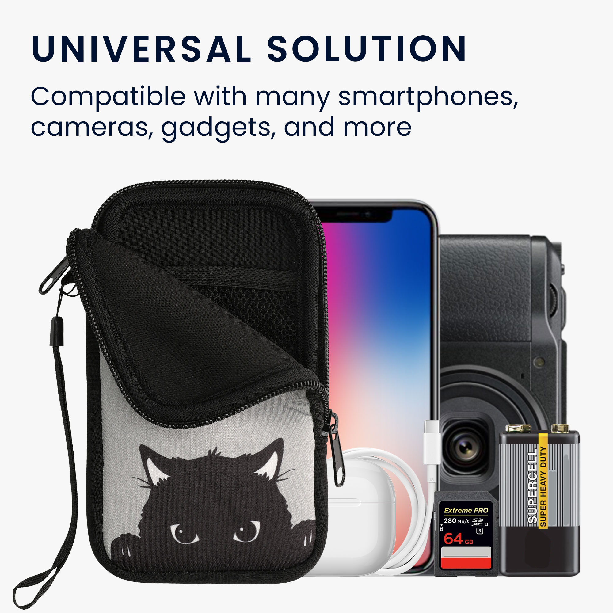 kwmobile univerzální pouzdro na mobil L 6.5", neopren, Curious Cat šedá / černá