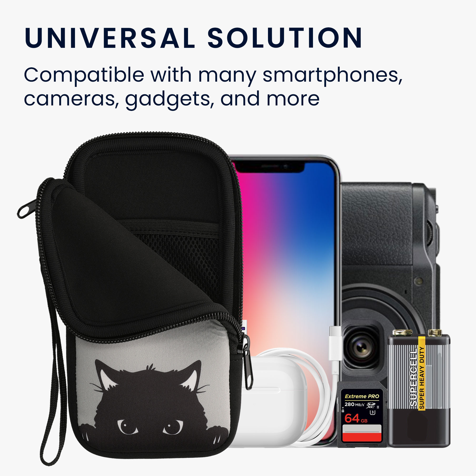 Univerzální pouzdro kwmobile na mobil XXL - 7" - motiv Curious Cat - šedá / černá