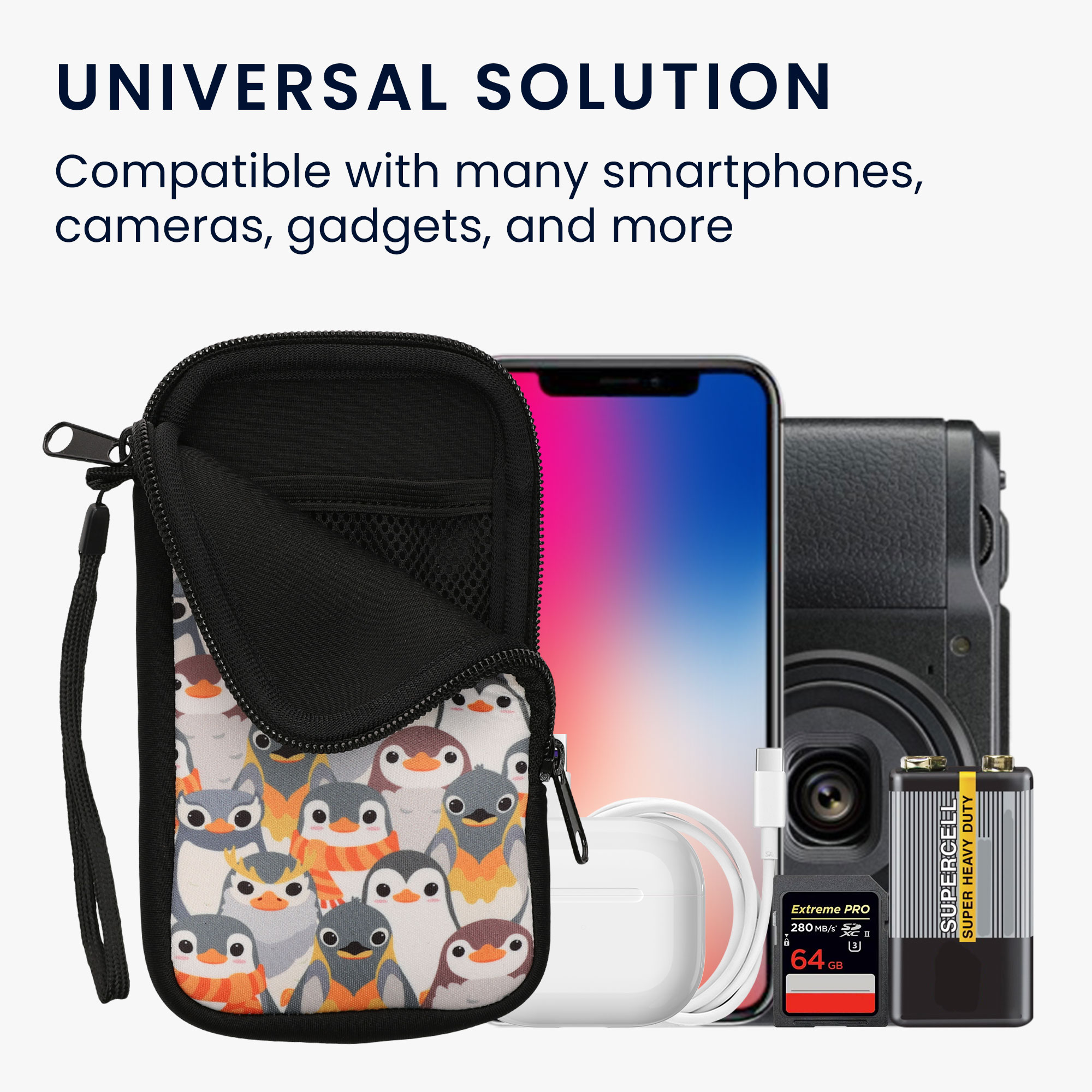 kwmobile univerzální pouzdro na mobil L 6.5", neopren, Penguins šedá / žlutá / hnědá