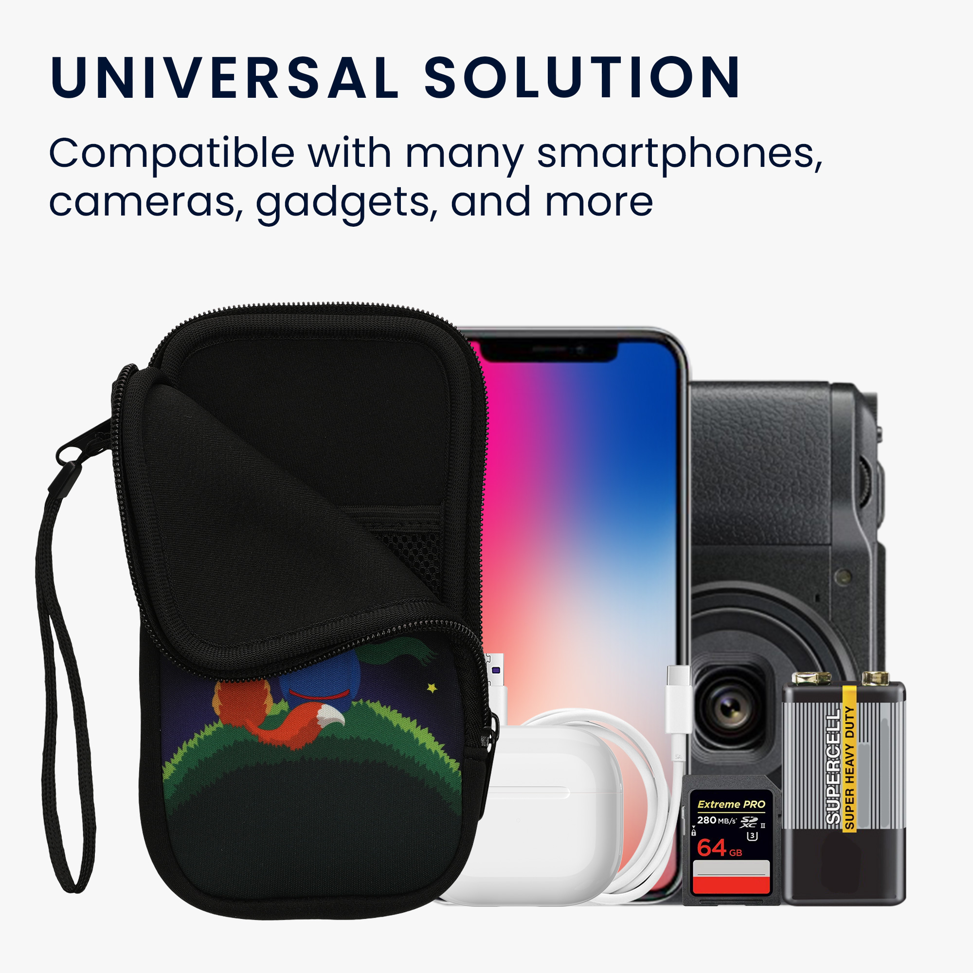 Univerzální pouzdro kwmobile na mobil XL 6,7/6,8" (17,2 x 8,4 cm) - motiv chlapec s liškou, žlutá / hnědá / tmavě modrá