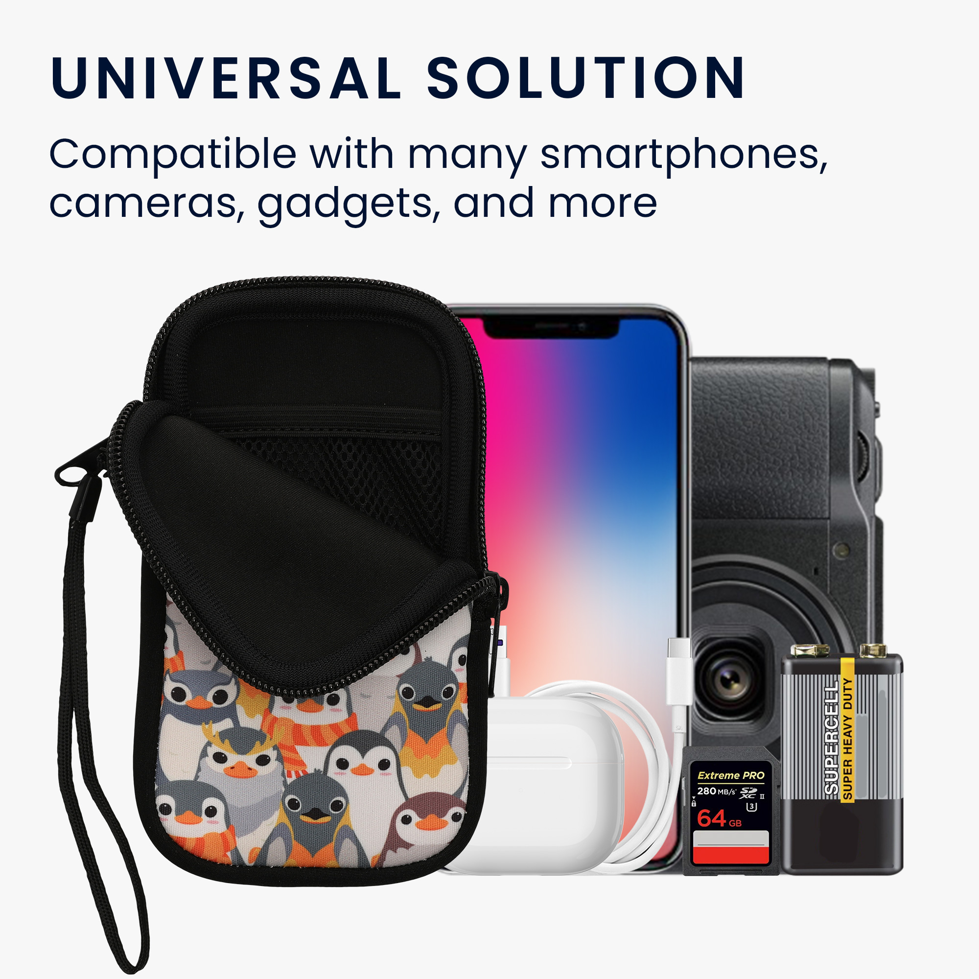 Univerzální pouzdro na mobil kwmobile pro Smartphone Size M, motiv Penguins šedá / žlutá / hnědá