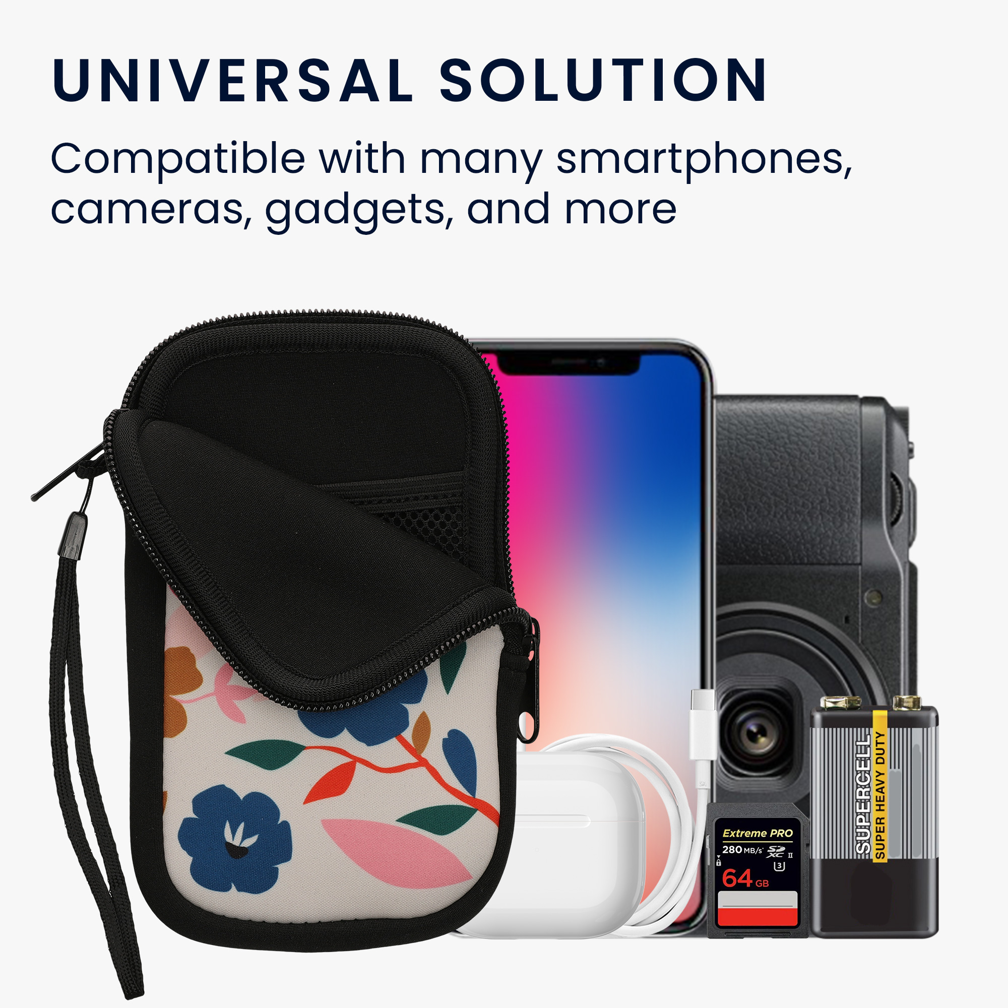 kwmobile univerzální pouzdro na mobil L 6.5", neopren, Colorful Flowers tmavě růžová / tmavě modrá / krémová