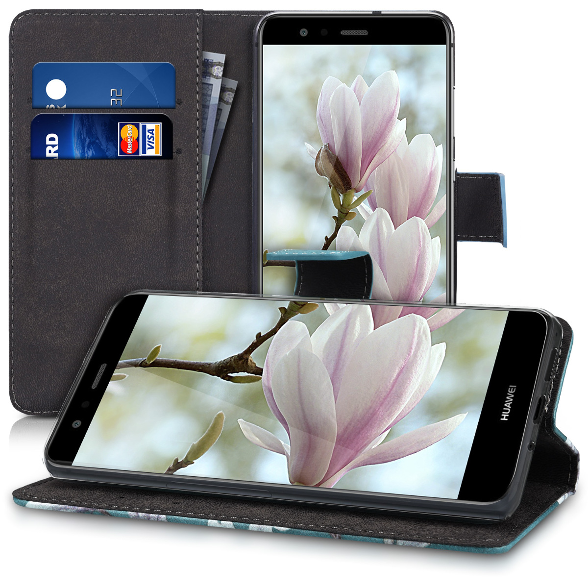 Flipové pouzdro kwmobile pro Huawei P10 Lite, motiv magnólie, taupe / bílá / modrošedá