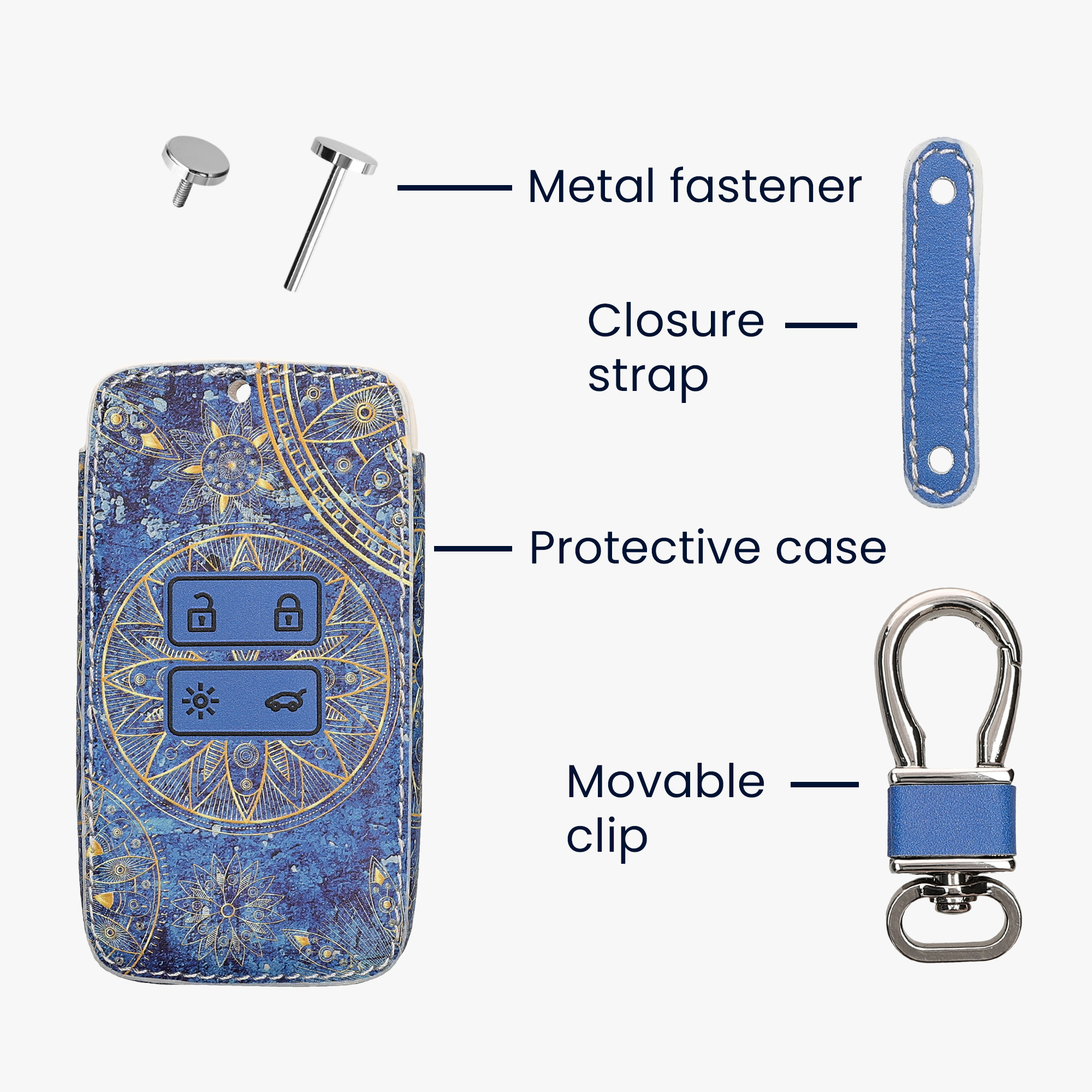 Obal na klíč od auta pro Renault klíč se 4 tlačítky (pouze Keyless Go) kwmobile z eko kůže - motiv zlatých mandal žlutá / tmavě modrá
