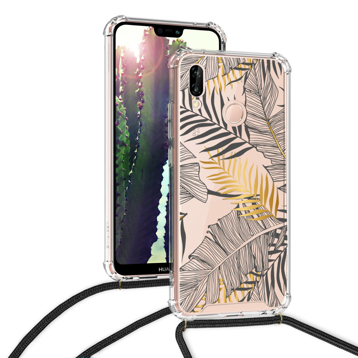 Crossbody kryt kwmobile Huawei P20 Lite, žluté palmové listy / šedá / transparentní