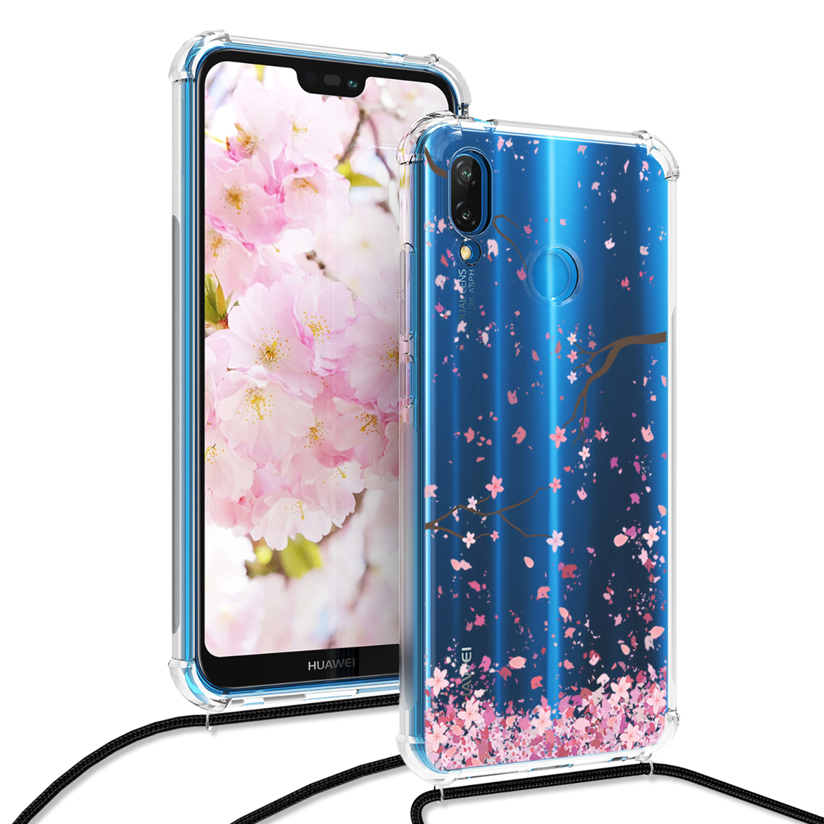 Crossbody kryt kwmobile Huawei P20 Lite, růžové květy / tmavě hnědá / transparentní