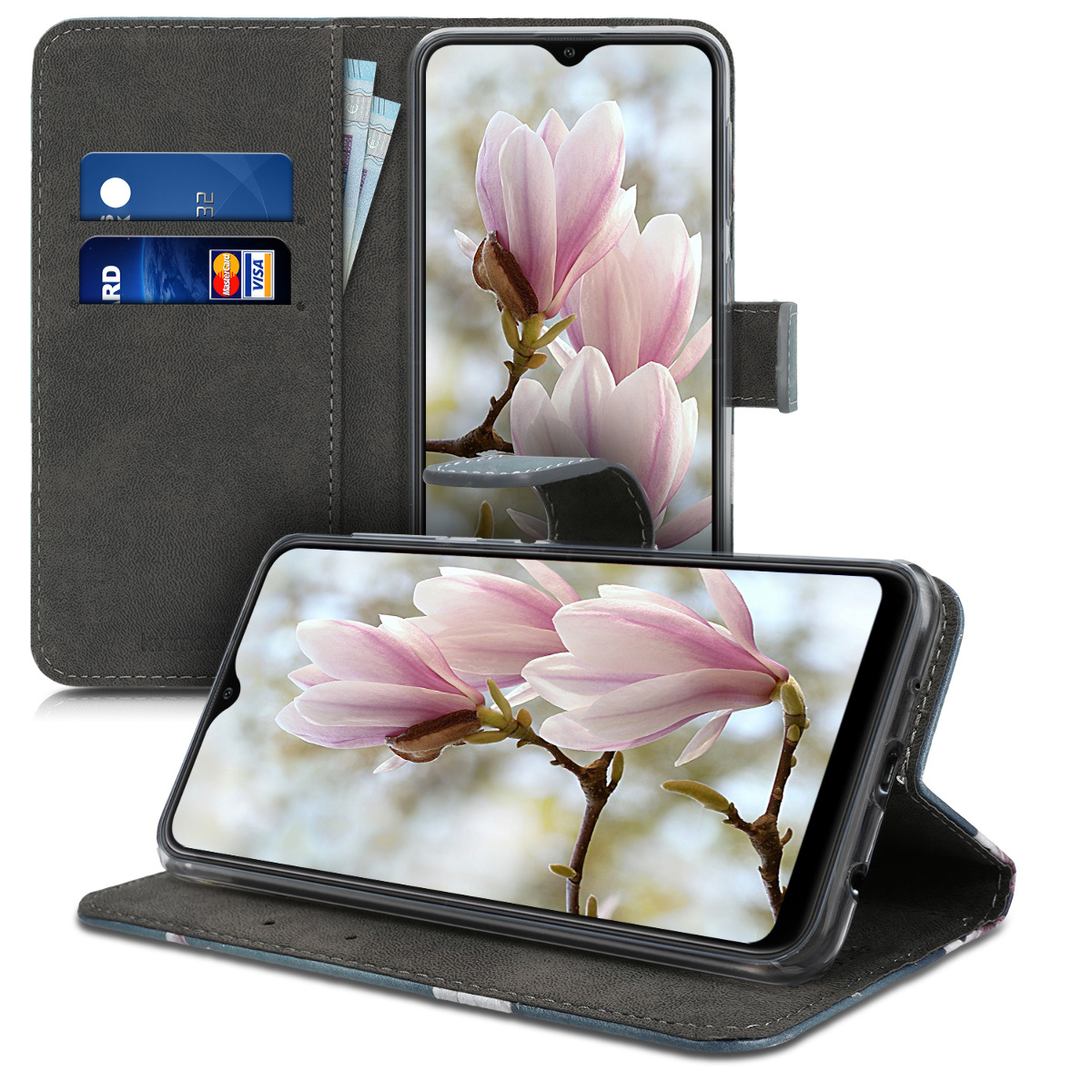 Flip pouzdro na mobil Samsung Galaxy A10 kwmobile Magnolias taupe-bílo-modrošedý