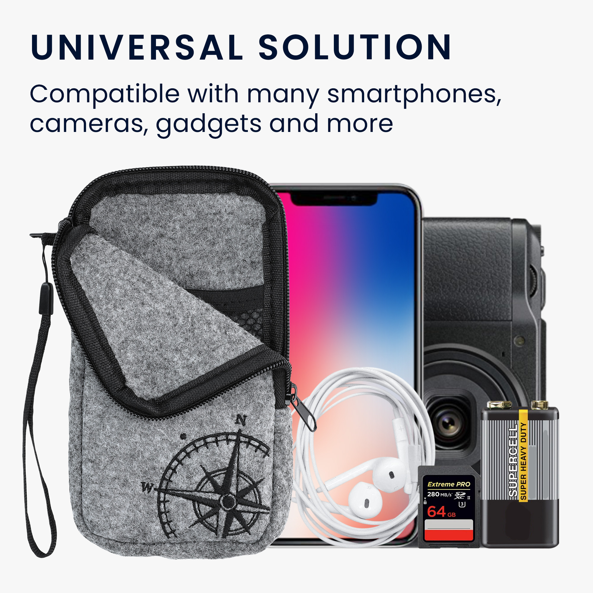kwmobile univerzální pouzdro na mobil L 6.5", plsť, kompas černá / světle šedá
