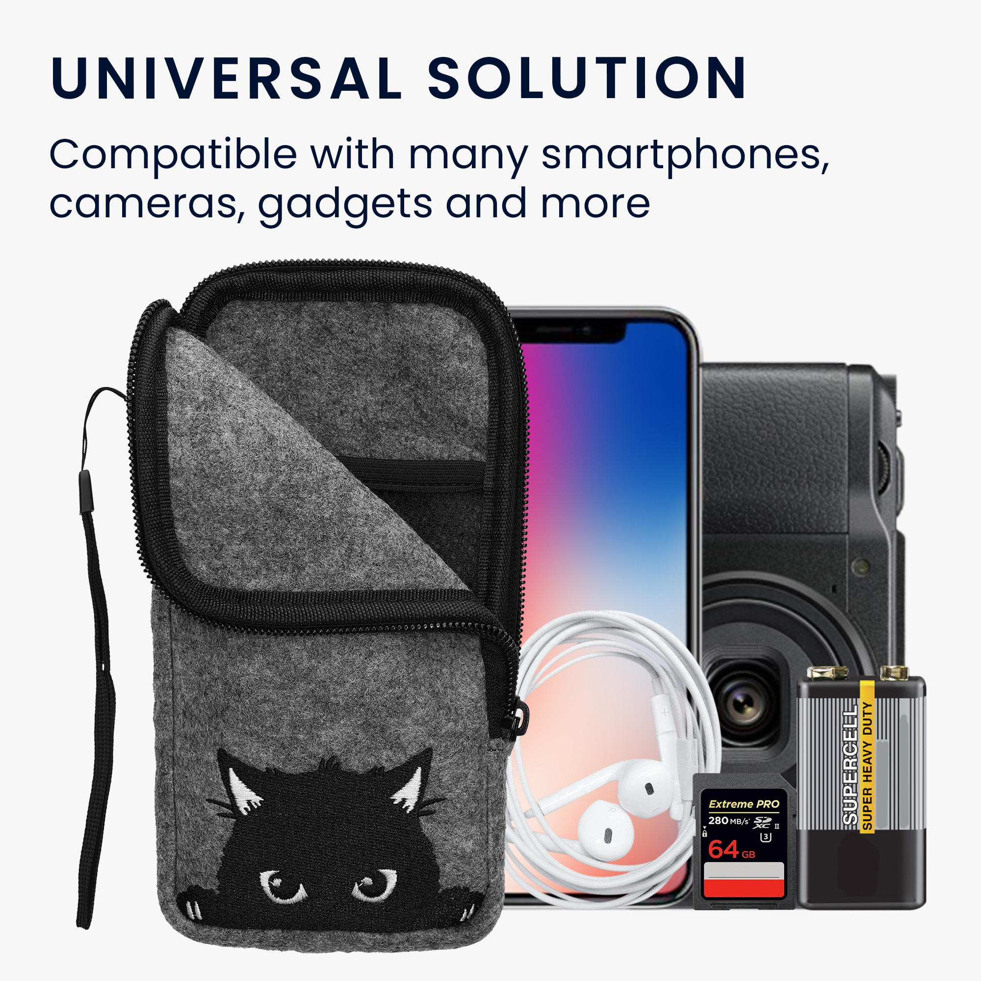 Univerzální pouzdro kwmobile na mobil XXL - 7" - motiv Curious Cat - šedá / černá