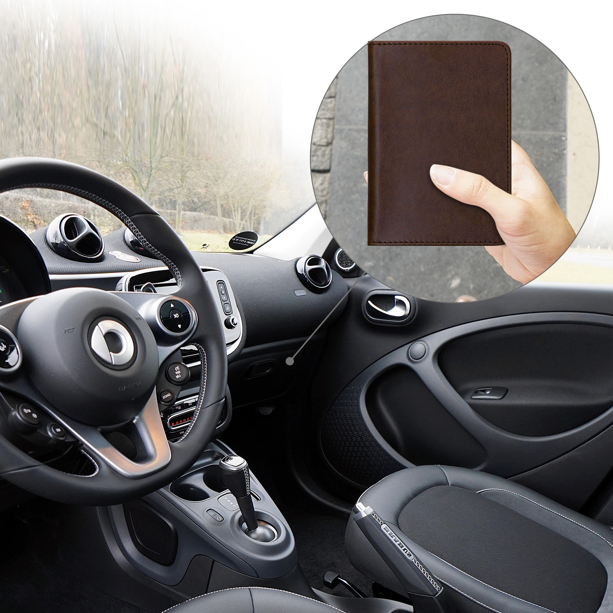 Obal na doklady od auta kwmobile PU kůže - 12 × 17,5 cm otevřené / 9,2 × 13 cm složené - tmavě hnědá