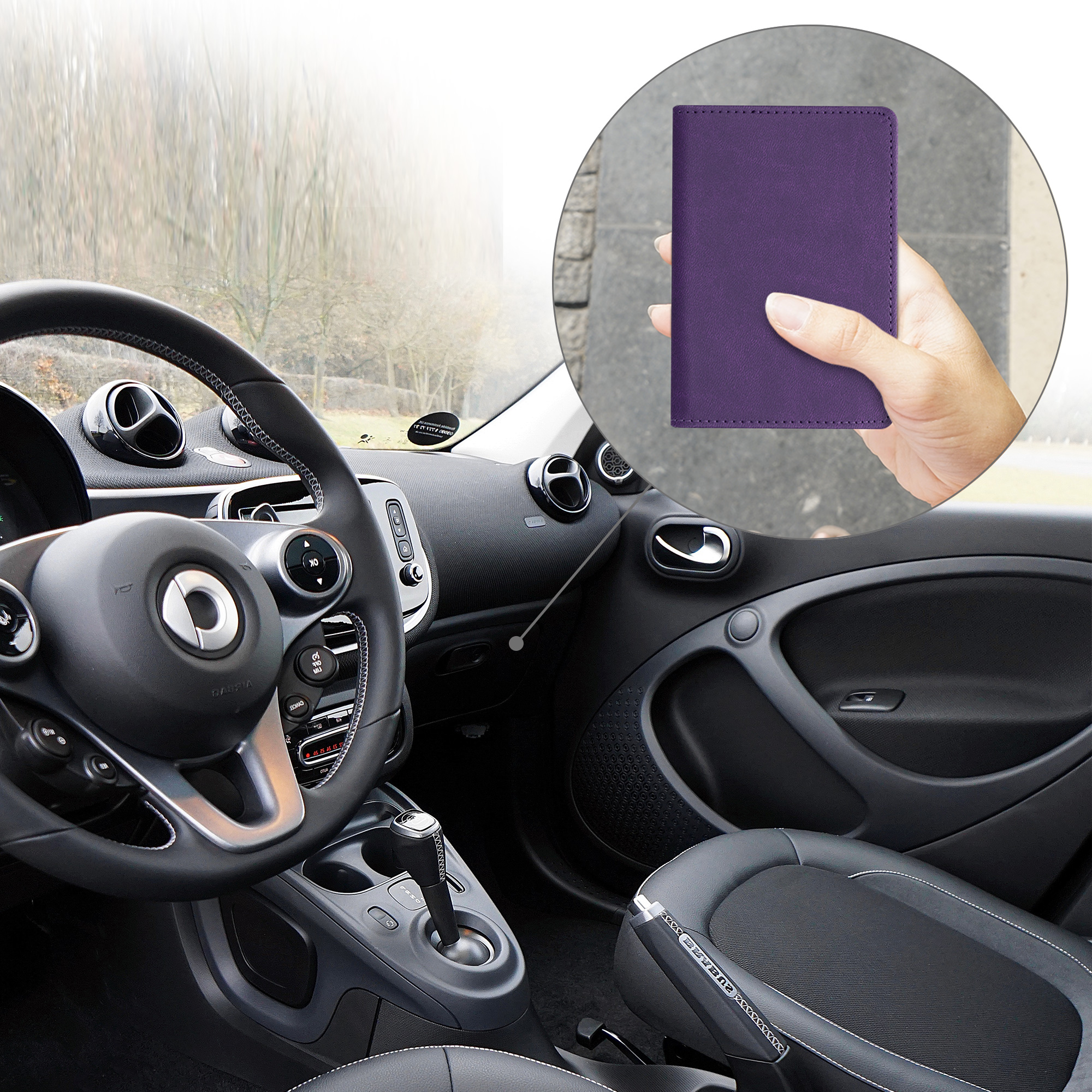 Obal na doklady od auta kwmobile PU kůže - 12 × 17,5 cm otevřené / 9,2 × 13 cm složené - fialová