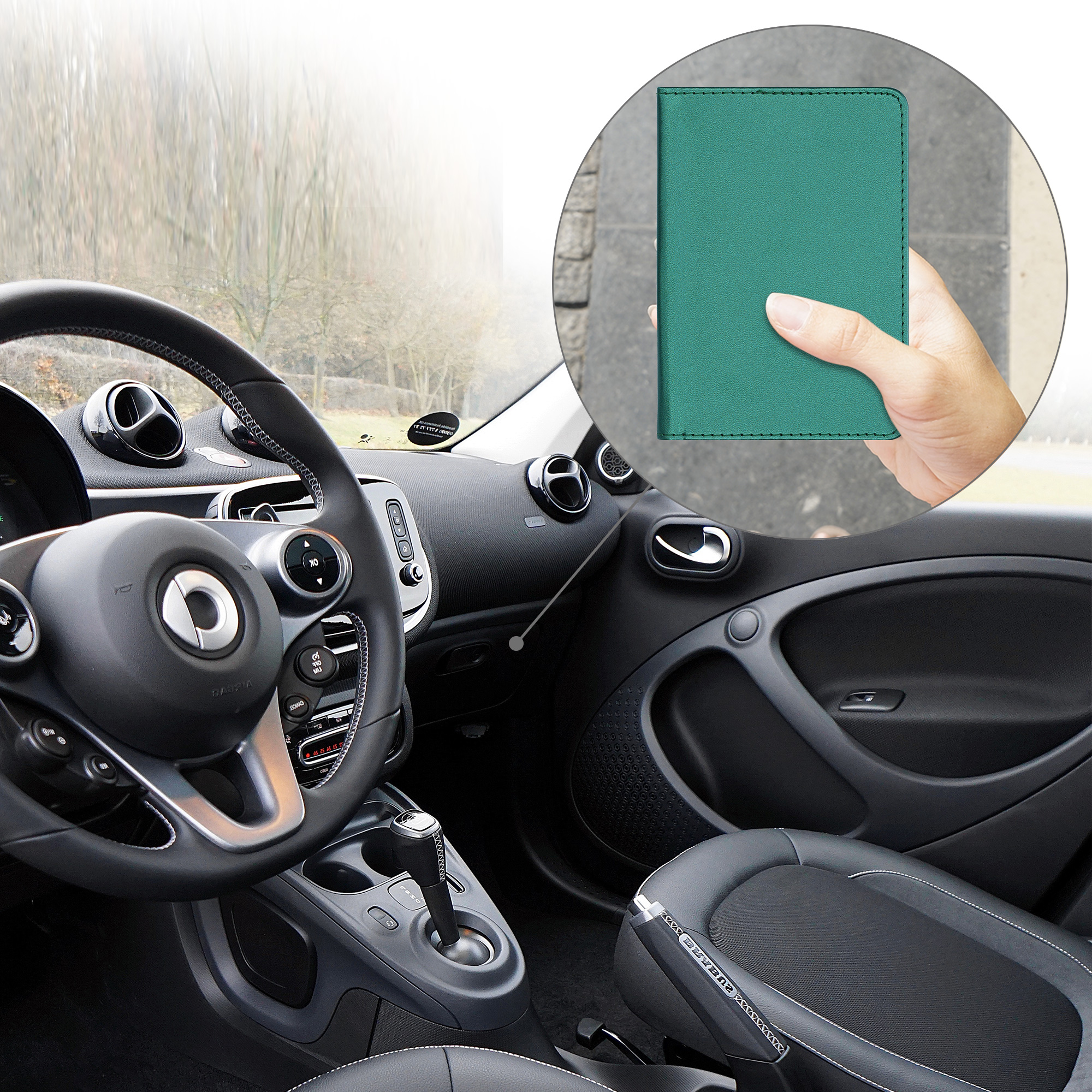Pouzdro na doklady a karty do auta kwmobile z PU kůže - tmavě zelená