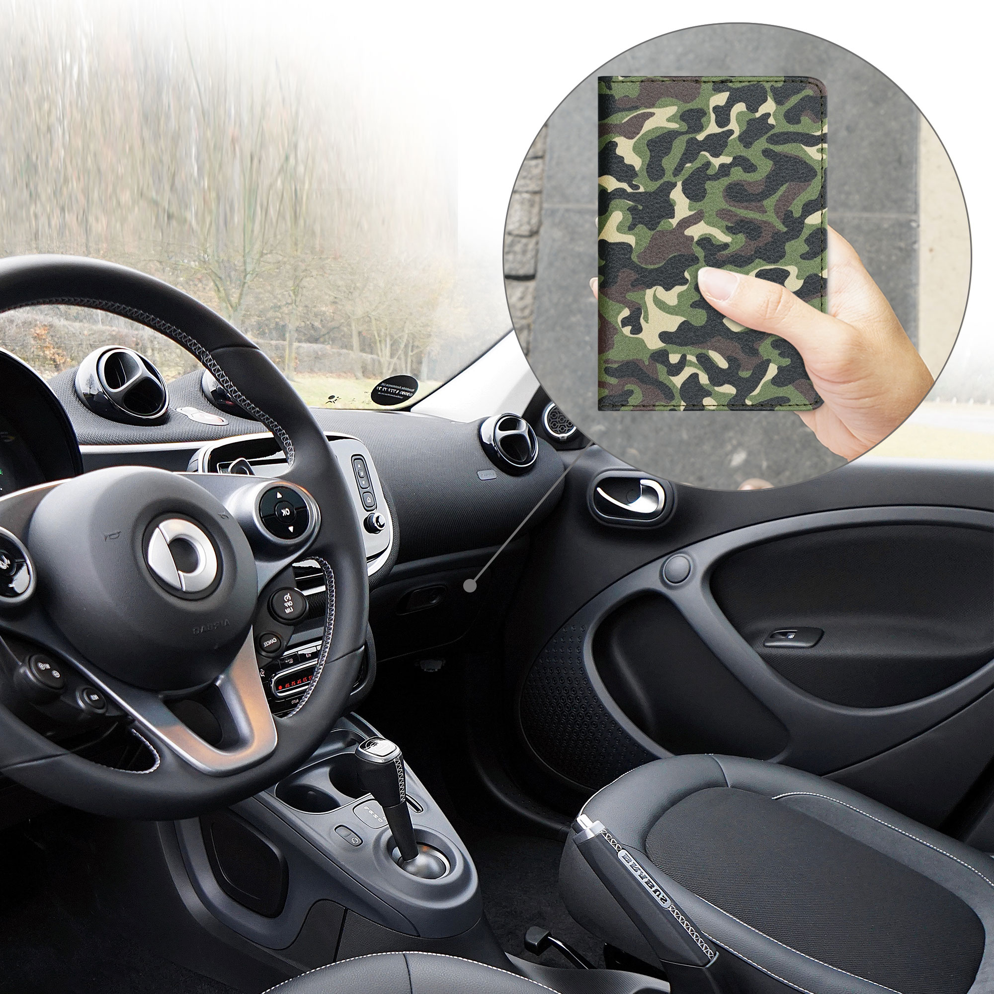 Obal na doklady od auta kwmobile 12 x 17,5 cm / 9,2 x 13 cm PU kůže motiv camouflage - tmavě zelená/tmavě hnědá/béžová
