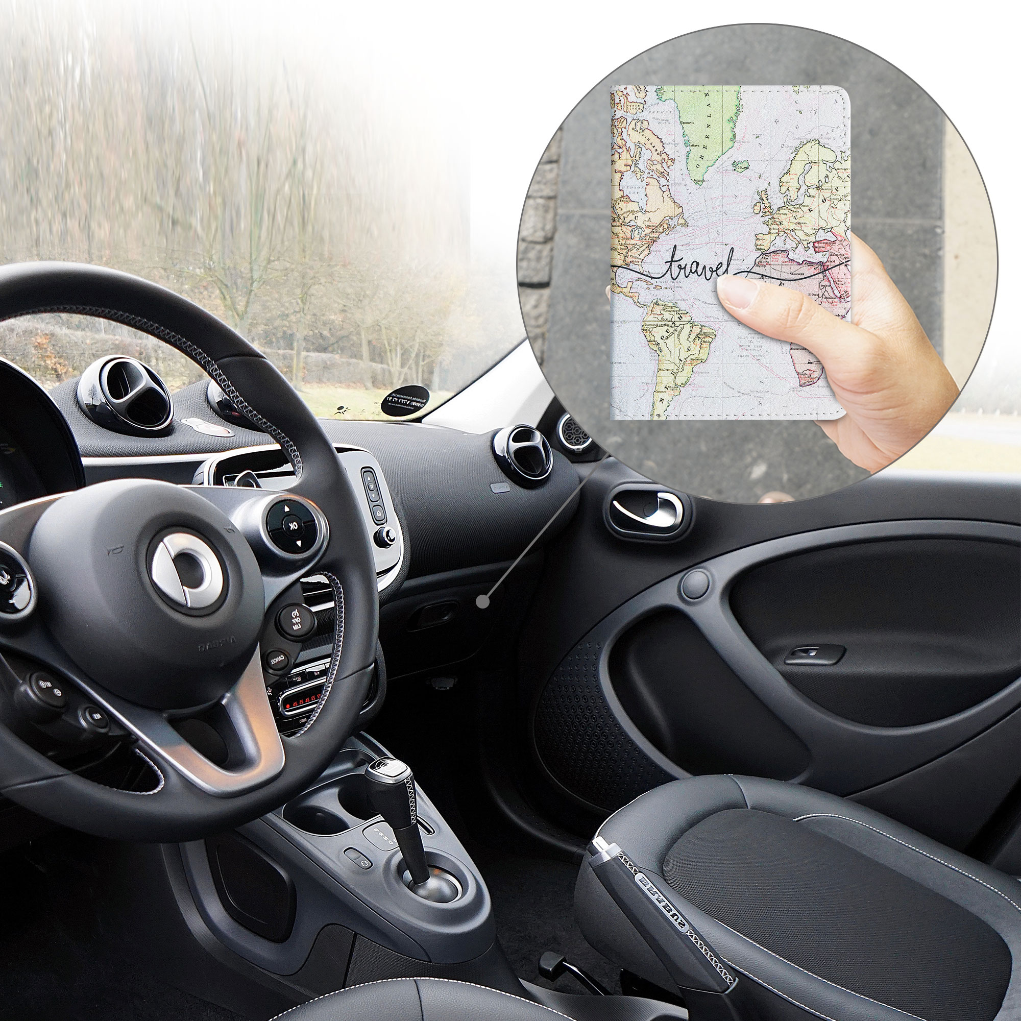 Obal na doklady od auta kwmobile PU kůže - 12 × 17,5 cm otevřené / 9,2 × 13 cm složené - černá / vícebarevná