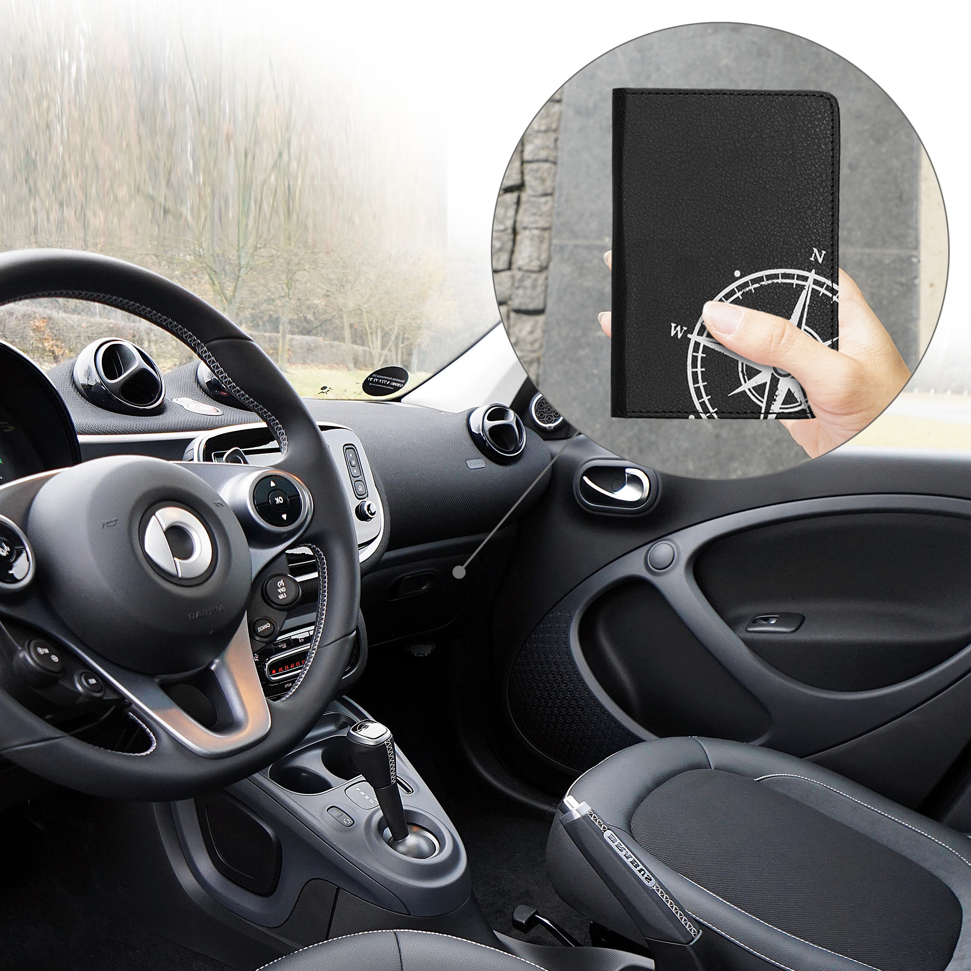 Obal na doklady od auta kwmobile 12 x 17,5 cm / 9,2 x 13 cm PU kůže motiv kompas - bílo-černá