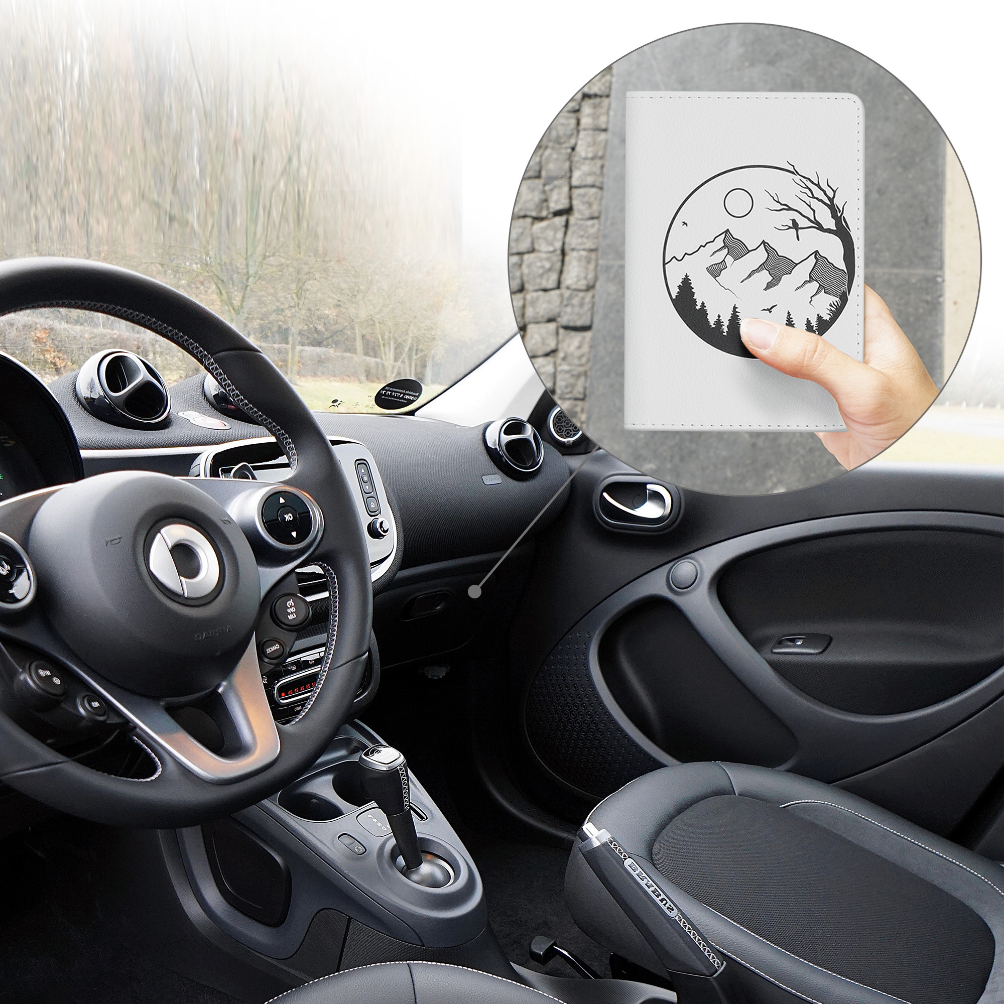 Obal na doklady od auta kwmobile 12 x 17,5 cm / 9,2 x 13 cm PU kůže motiv summit up - černo-bílá