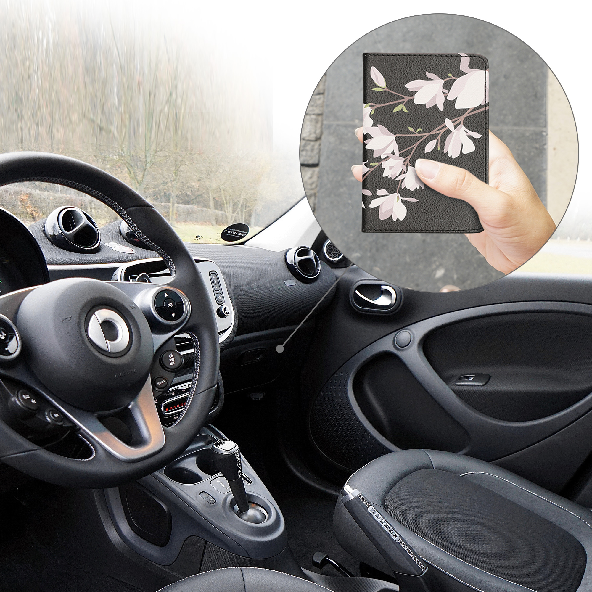 Obal na doklady od auta kwmobile 12 x 17,5 cm / 9,2 x 13 cm PU kůže motiv magnolias - taupe/hnědá/černá