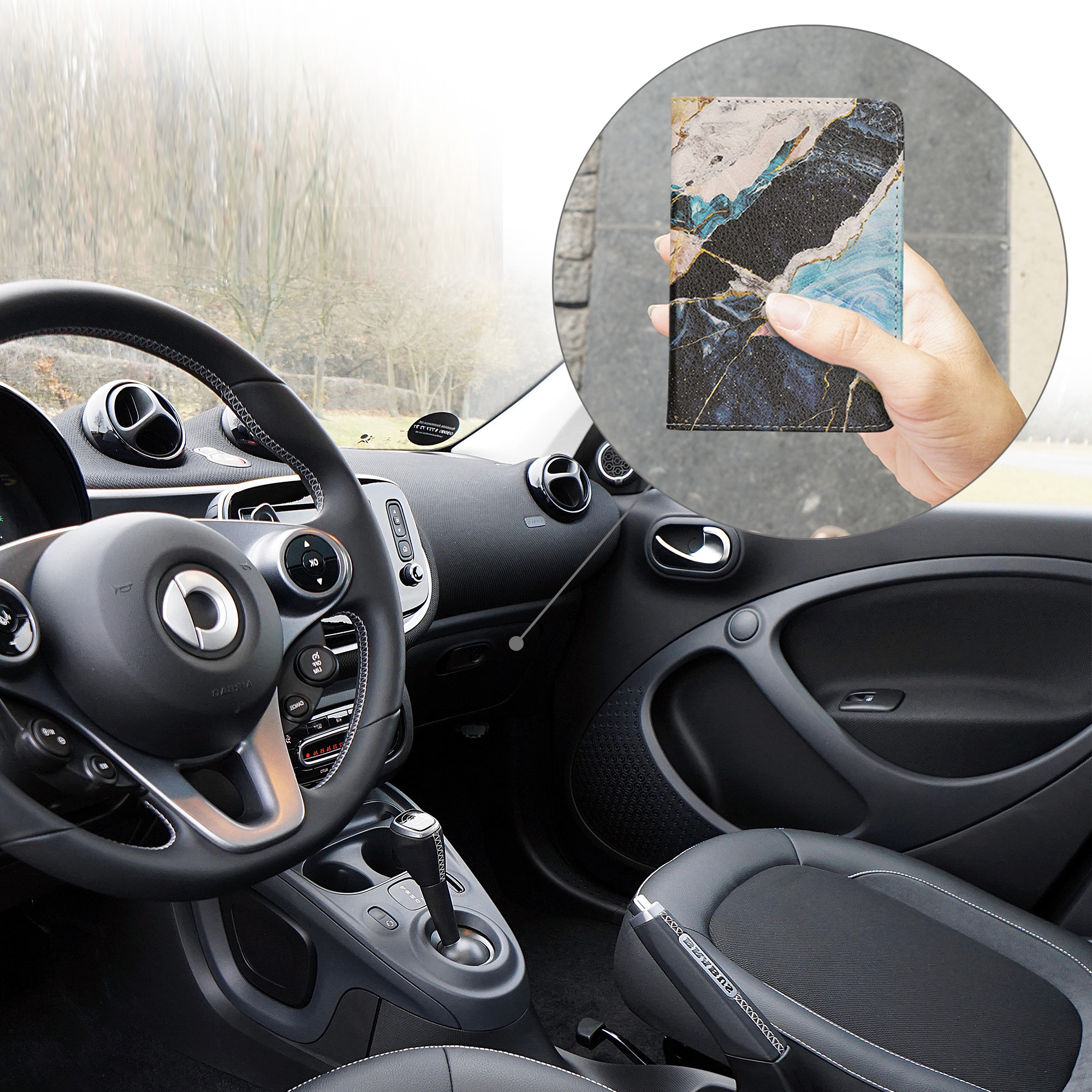 Obal na doklady od auta kwmobile PU kůže - 12 × 17,5 cm otevřené / 9,2 × 13 cm složené - zlatá / bílá / modrá