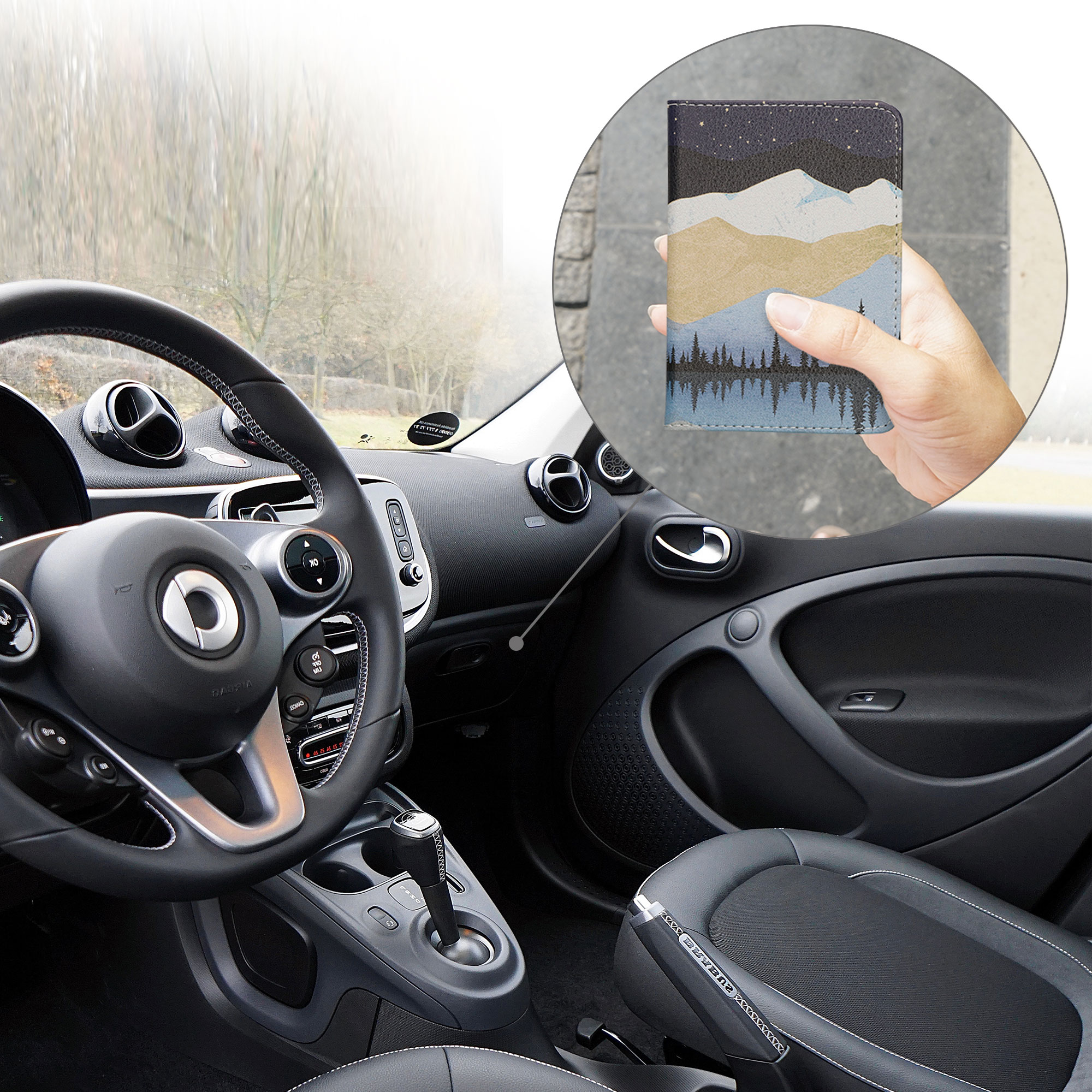 Pouzdro na doklady a karty do auta kwmobile z eko kůže - bílá / světle hnědá / tmavě modrá