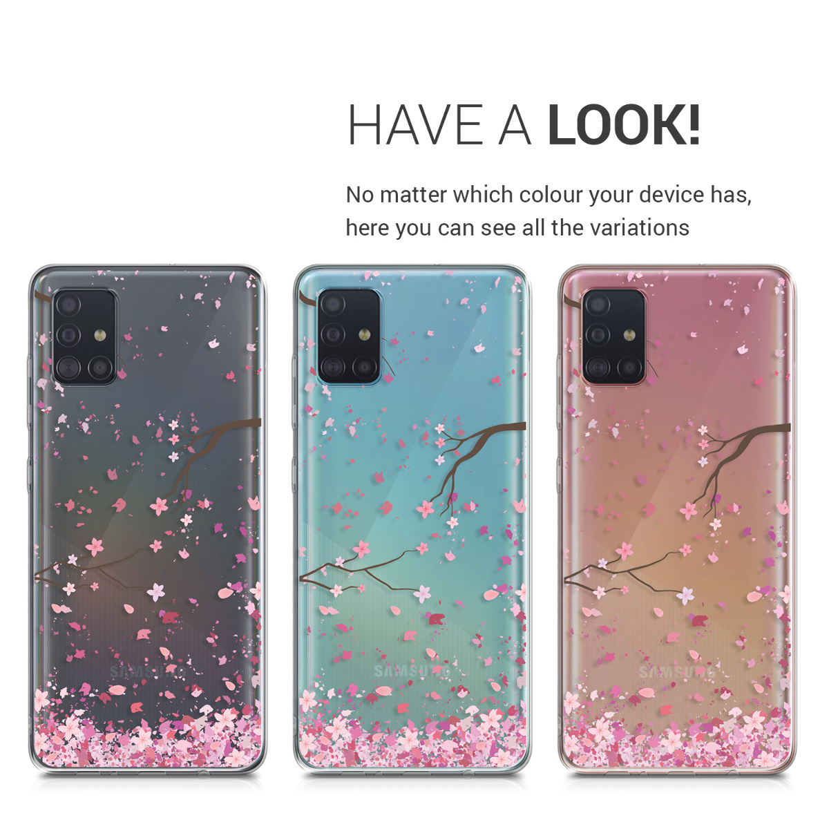Průhledný kryt na mobil Samsung Galaxy A51 kwmobile motiv Cherry Blossoms Cherry Blossoms - růžová / tmavě hnědá / transparentní