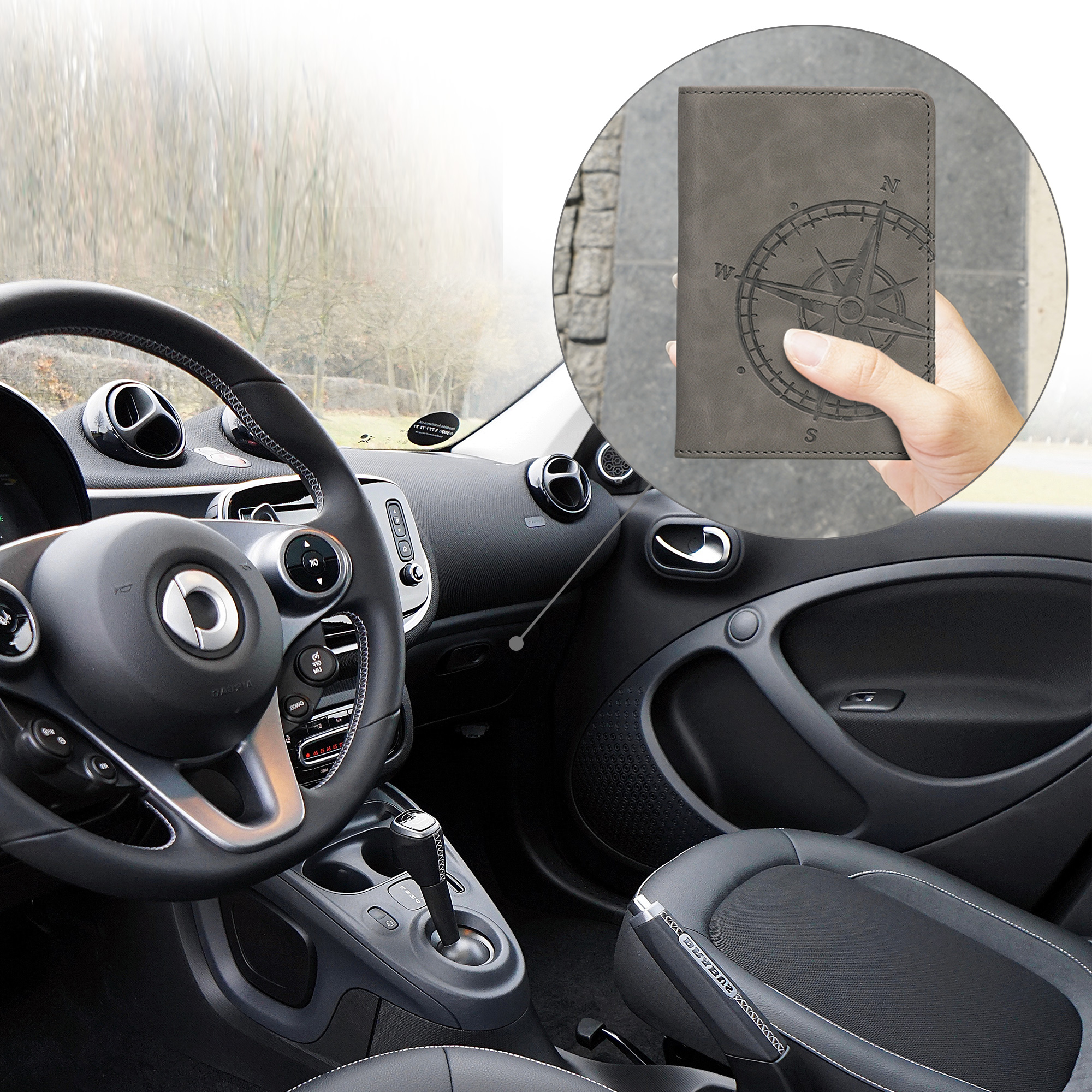 Obal na doklady od auta kwmobile 12 x 17,5 cm / 9,2 x 13 cm PU kůže motiv kompas - šedá