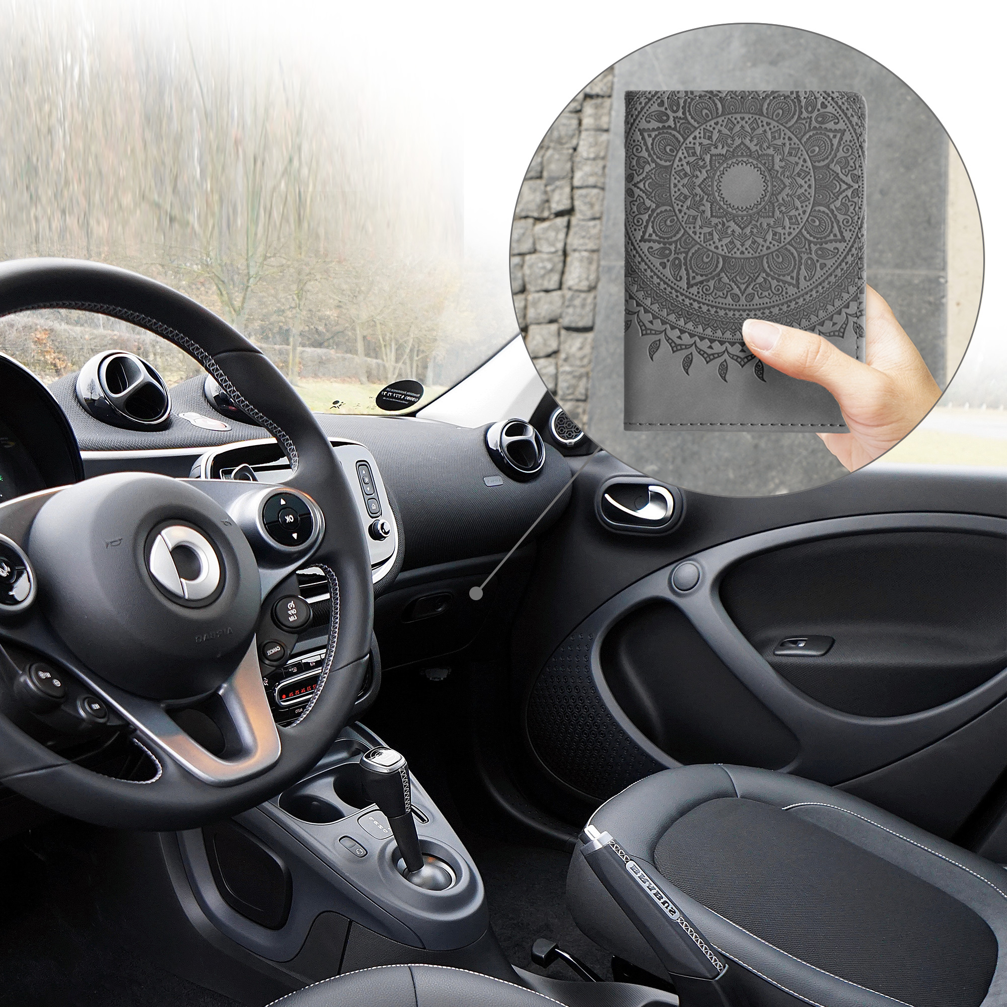Obal na doklady od auta kwmobile 12 x 17,5 cm / 9,2 x 13 cm PU kůže motiv Indian sun - šedá