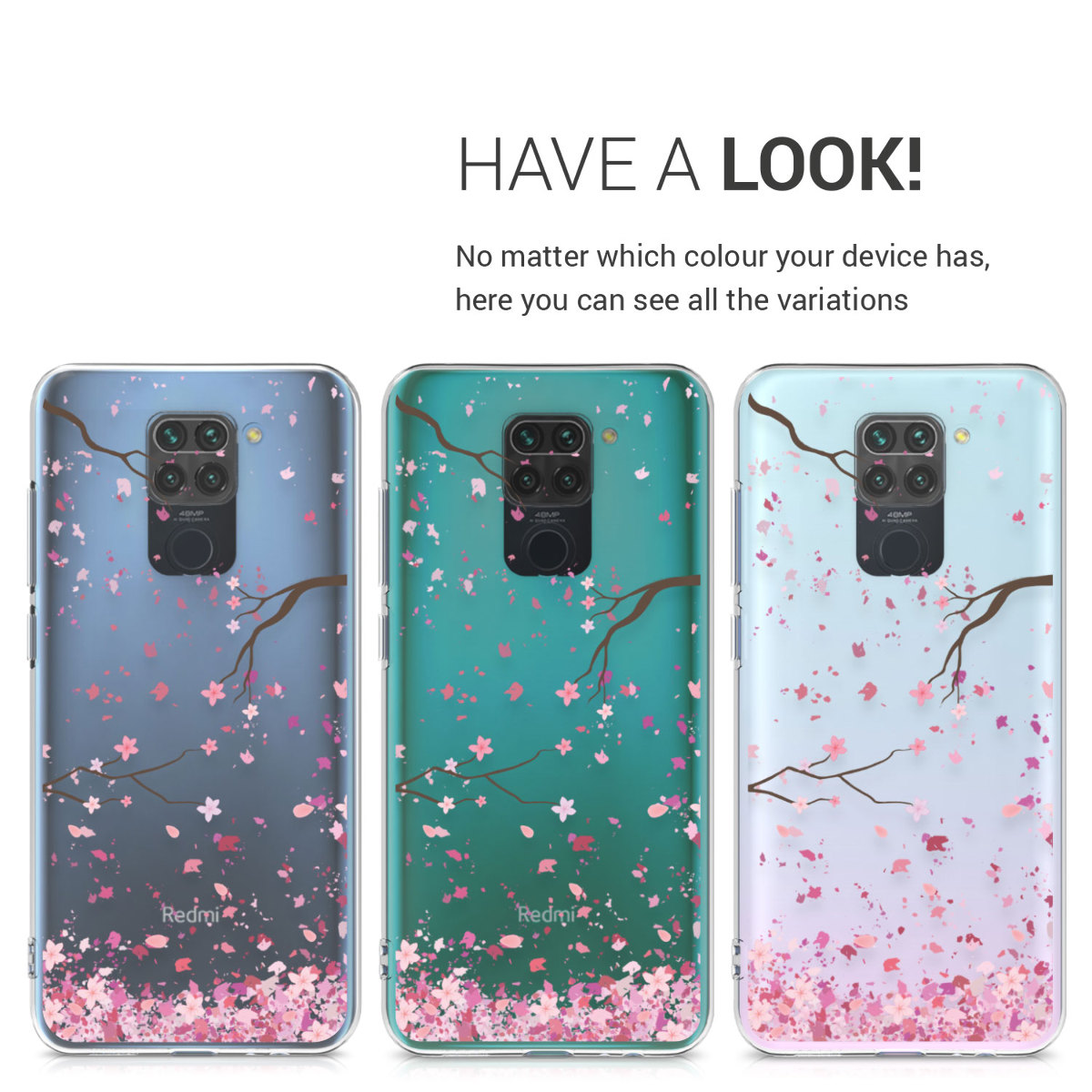 Transparentní TPU kryt kwmobile pro Xiaomi Redmi Note 9 - růžové květy / tmavě hnědá / transparentní