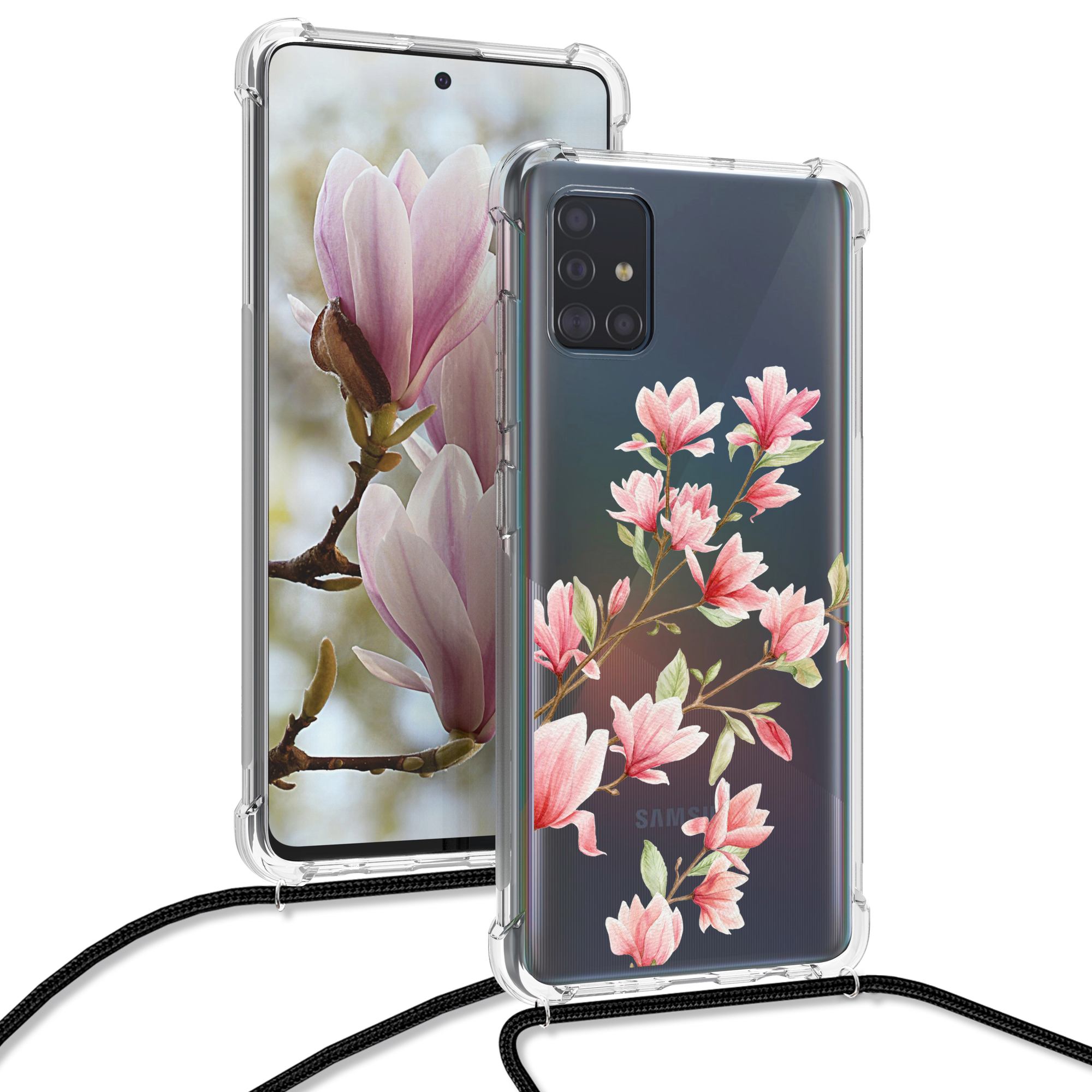 Pouzdro s popruhem (crossbody) pro Samsung Galaxy A51 kwmobile - motiv magnólie růžová / bílá / transparentní