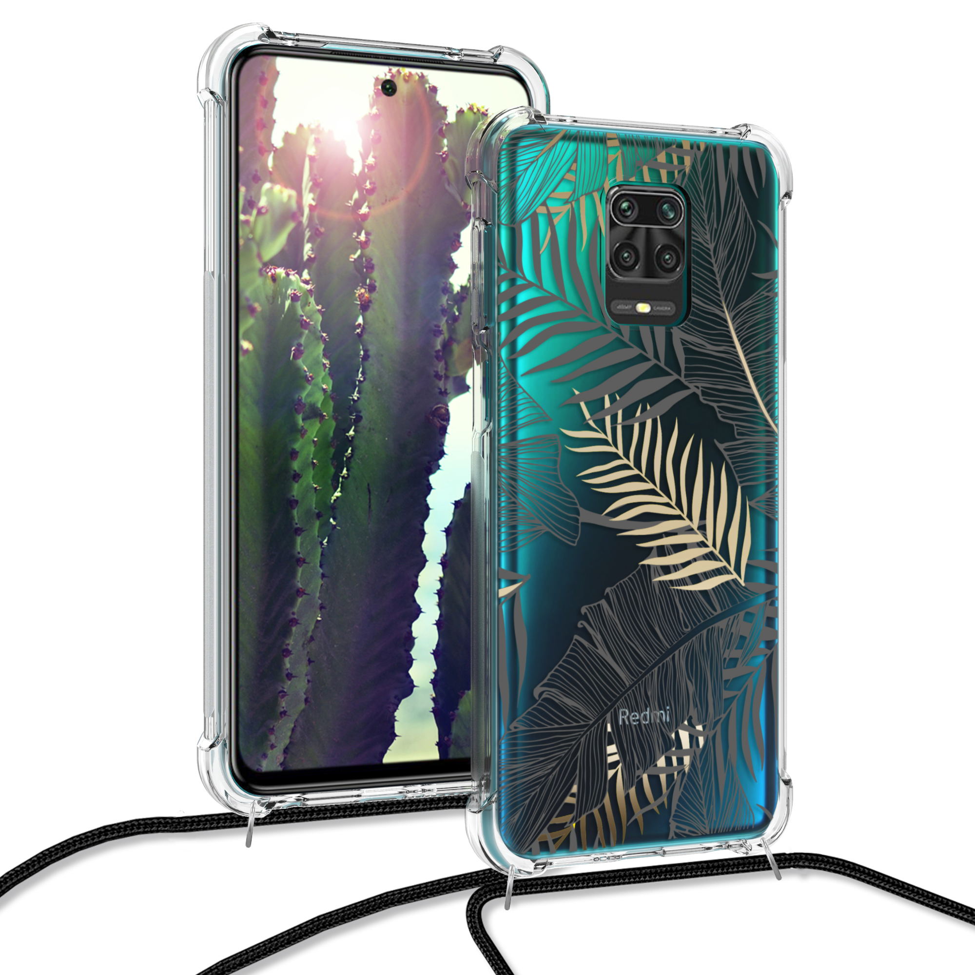 Crossbody kryt kwmobile pro Xiaomi Redmi Note 9S / 9 Pro / 9 Pro Max - zlaté palmové listy / šedá / transparentní