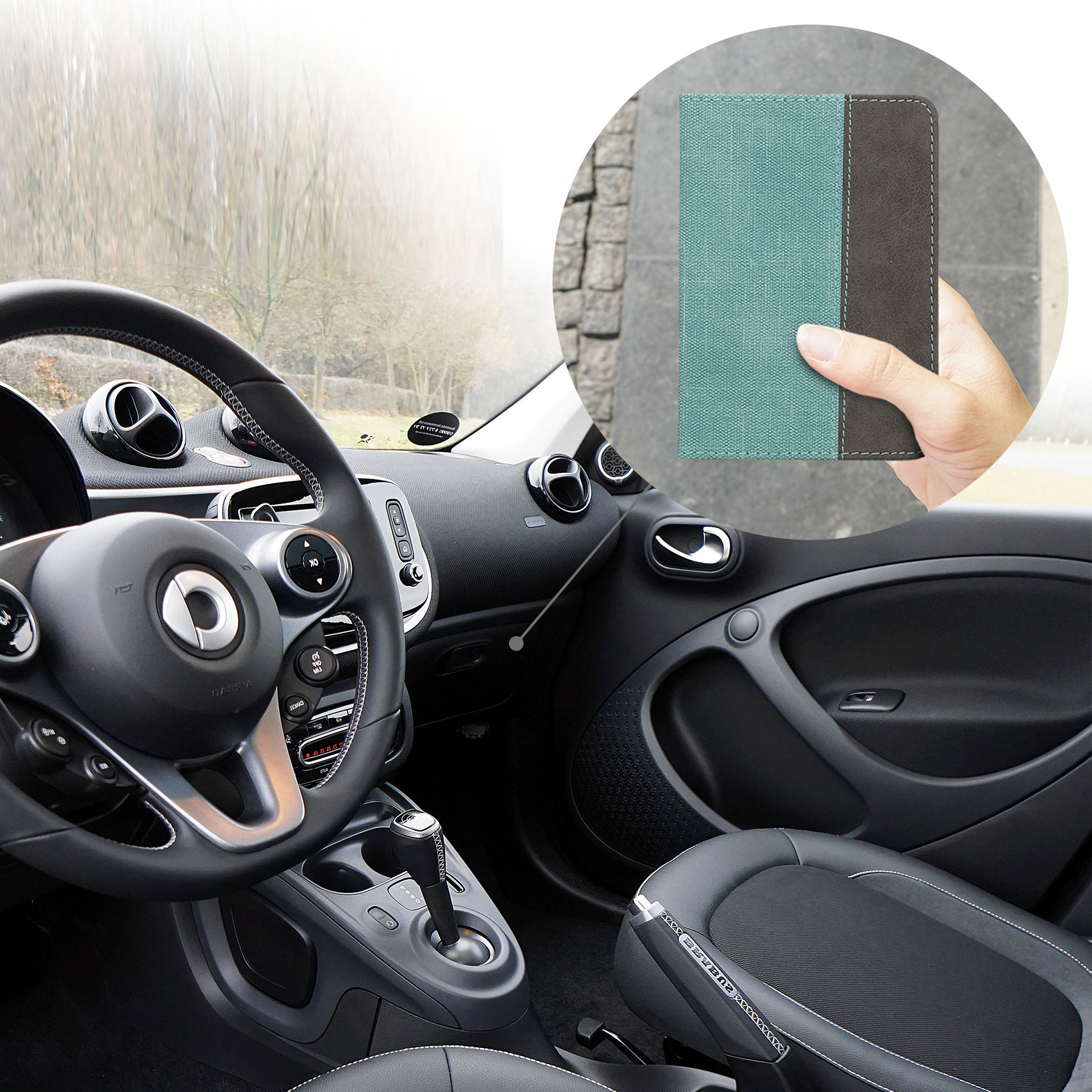Pouzdro na doklady a karty do auta kwmobile z PU kůže - mátová / tmavě šedá